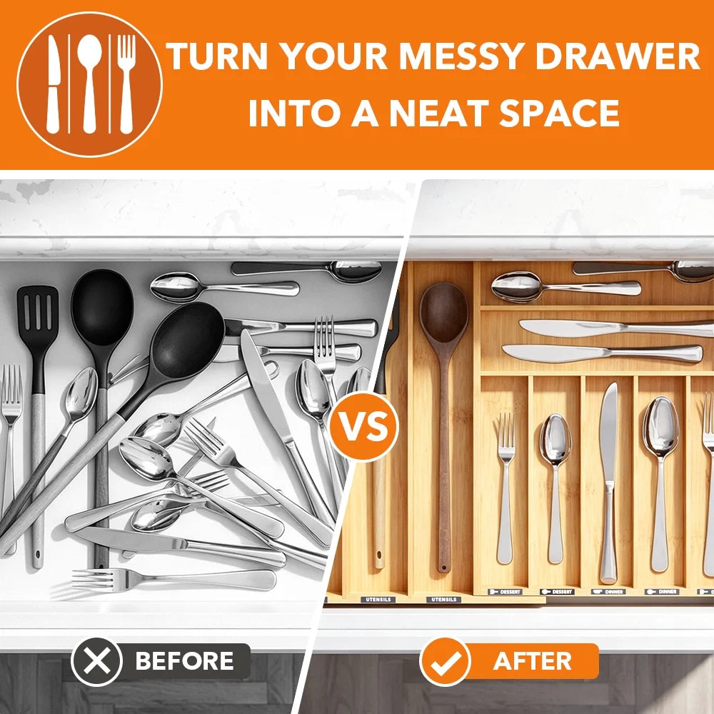Bamboo Silverware Drawer Organizer with Labels, Expandable Kitchen Utensil Tray for Cutlery, Spoons and Knives, 10 Slot Drawer Organizer (natural)