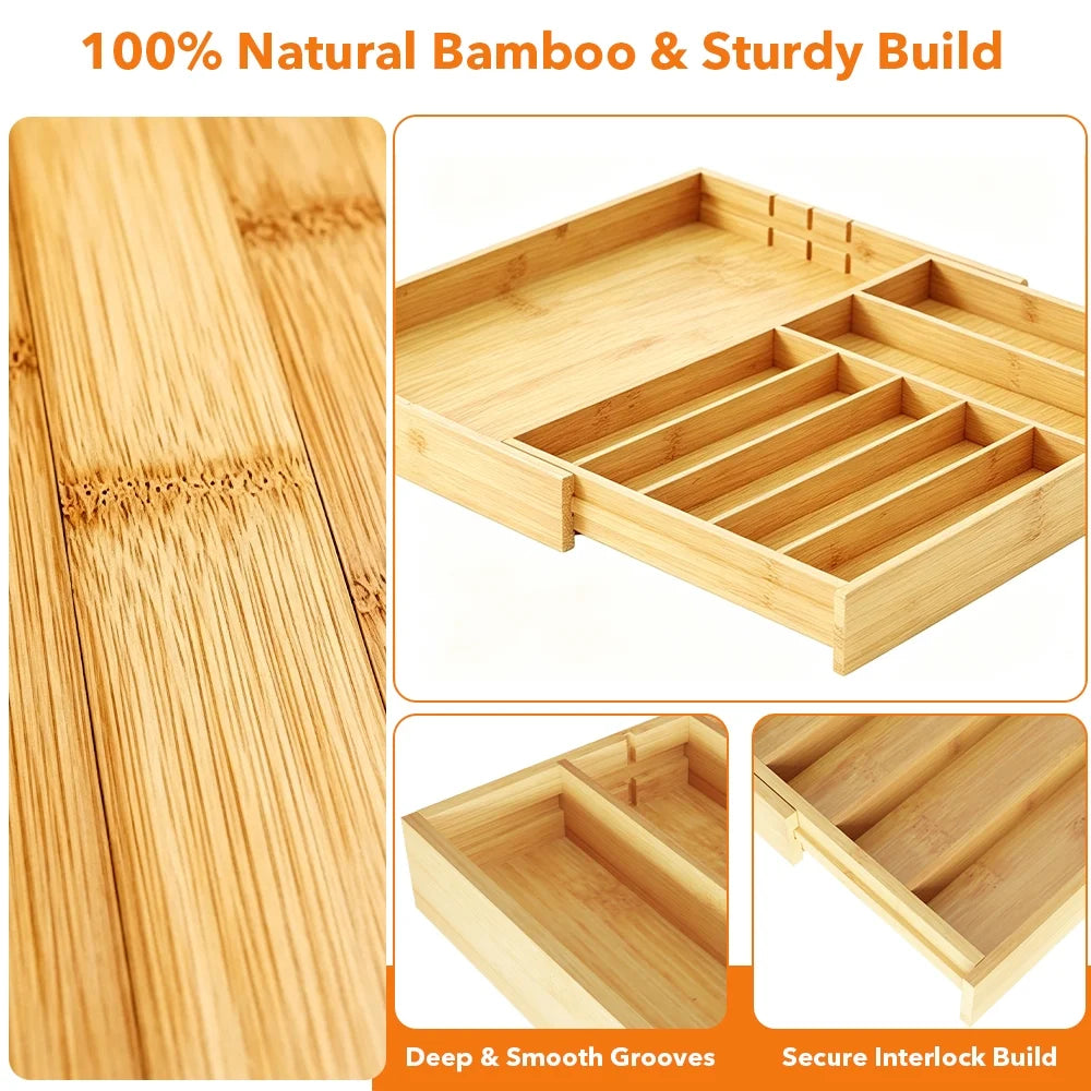 Bamboo Silverware Drawer Organizer with Labels, Expandable Kitchen Utensil Tray for Cutlery, Spoons and Knives, 10 Slot Drawer Organizer (natural)