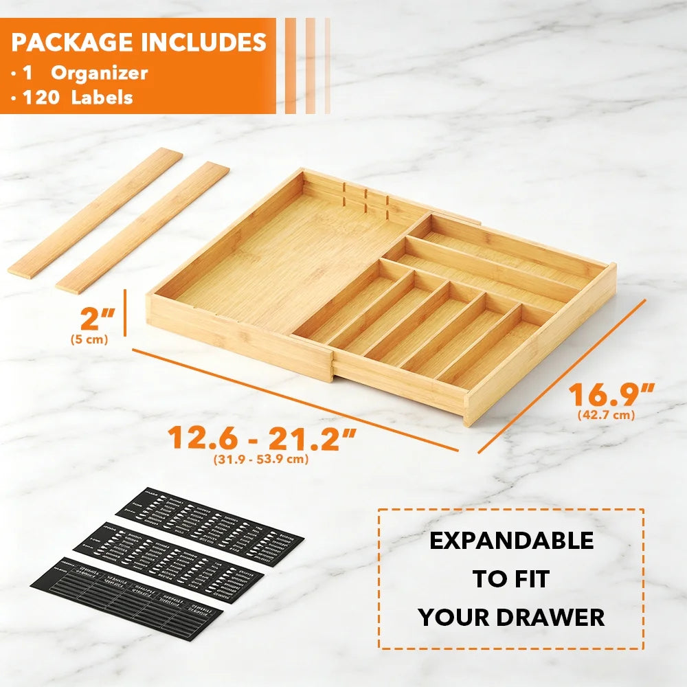 Bamboo Silverware Drawer Organizer with Labels, Expandable Kitchen Utensil Tray for Cutlery, Spoons and Knives, 10 Slot Drawer Organizer (natural)