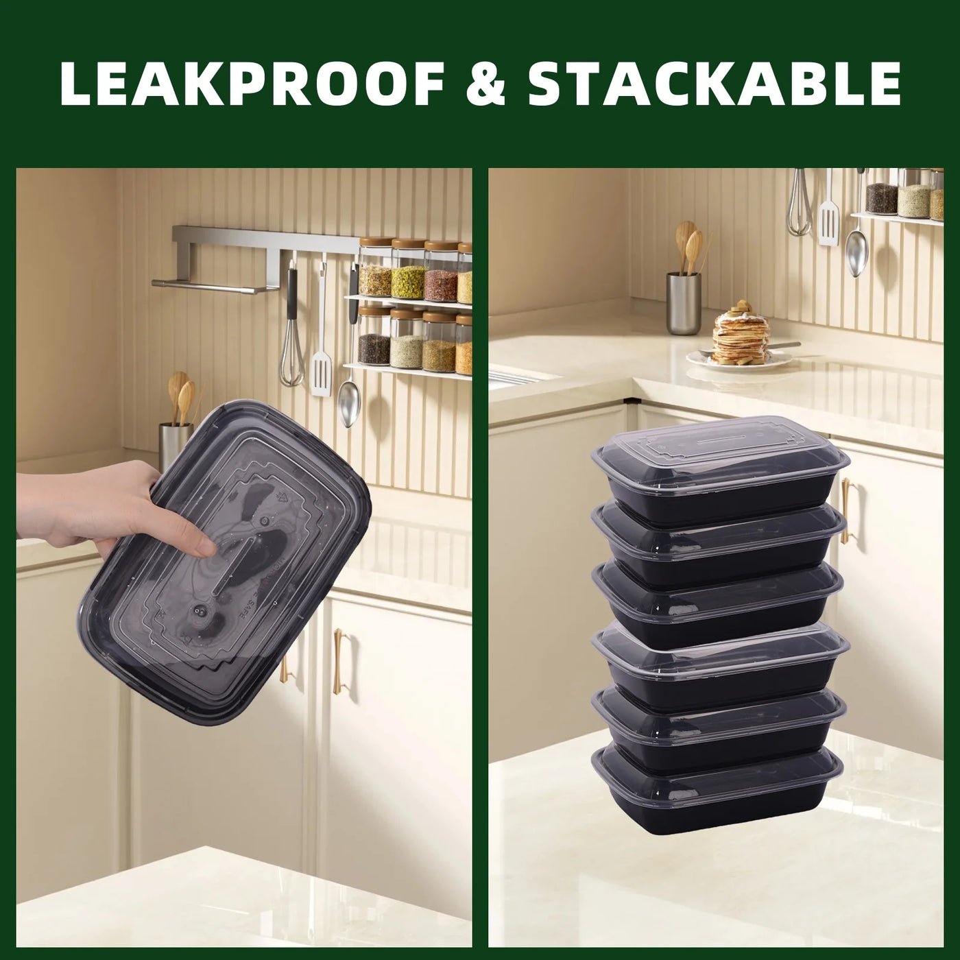 50 Packs Black Meal Prep Containers Reusable, Food Containers with Lids, to Go Container(24 Oz), for Pantry Organization