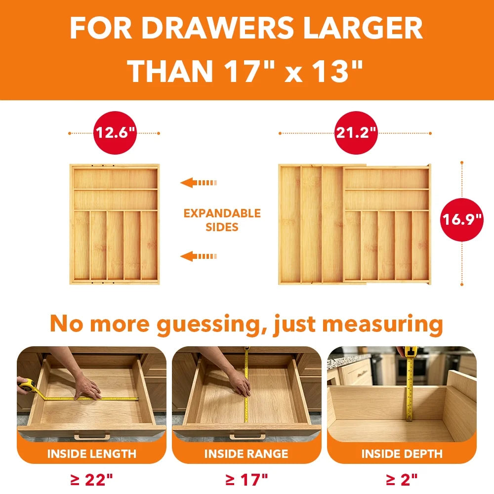 Bamboo Silverware Drawer Organizer with Labels, Expandable Kitchen Utensil Tray for Cutlery, Spoons and Knives, 10 Slot Drawer Organizer (natural)