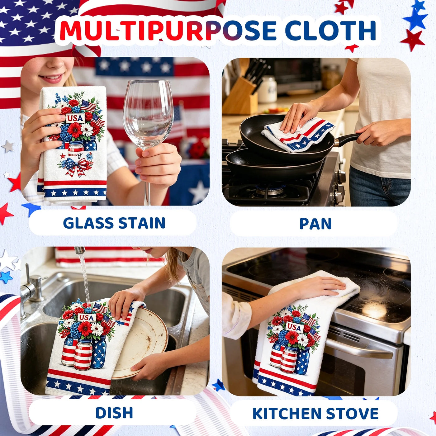 4-Piece 4th of July Patriotic Kitchen Towel, 16" X 24" American Flag Stars Kitchen Dish Towels, Red White Blue Absorbent Hand Towel for Independence