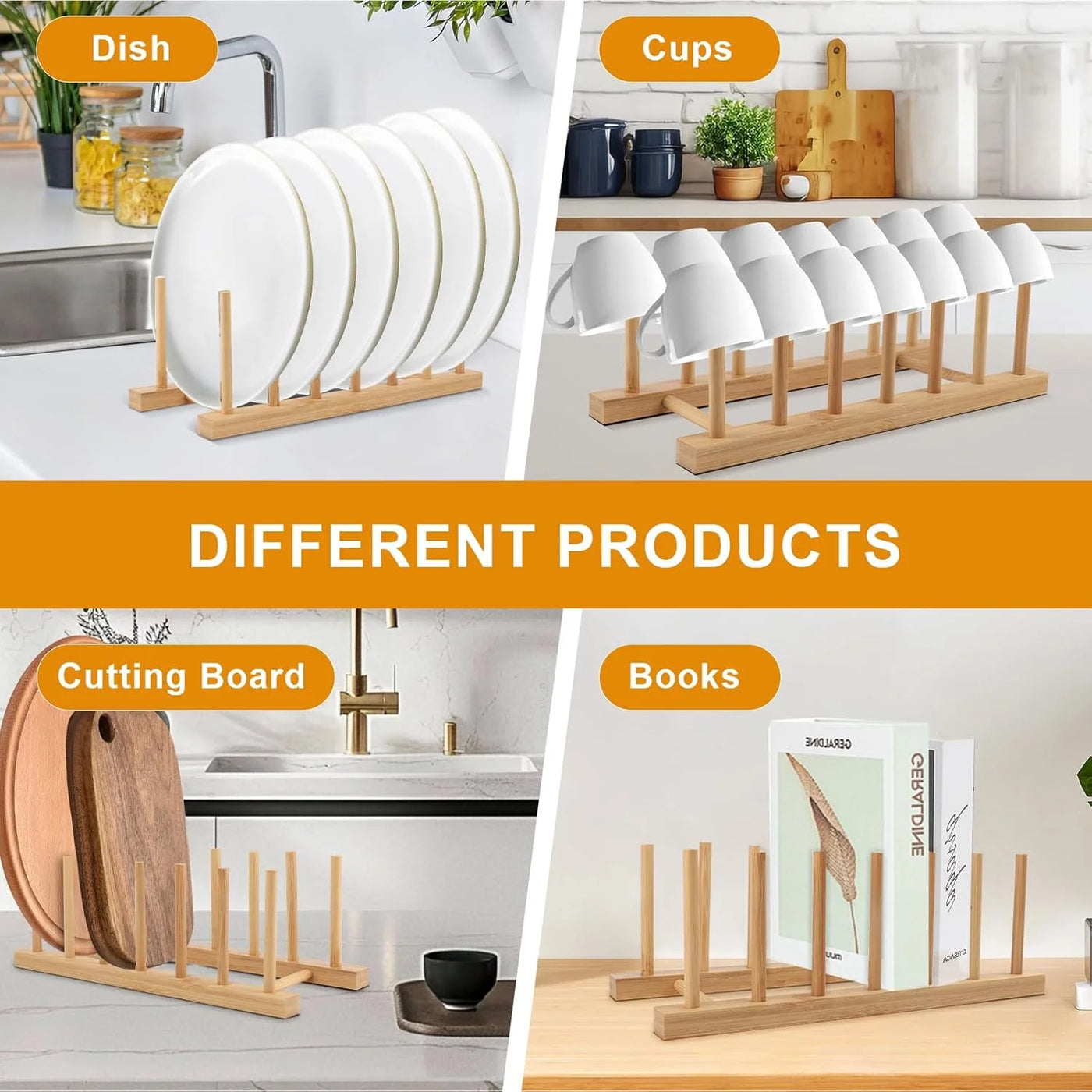 2-Pack Bamboo Dish Drying Rack, Natrual Wooden Plate Rack Holder, Kitchen Storage Organizer for Dish, Plate and Cutting Board