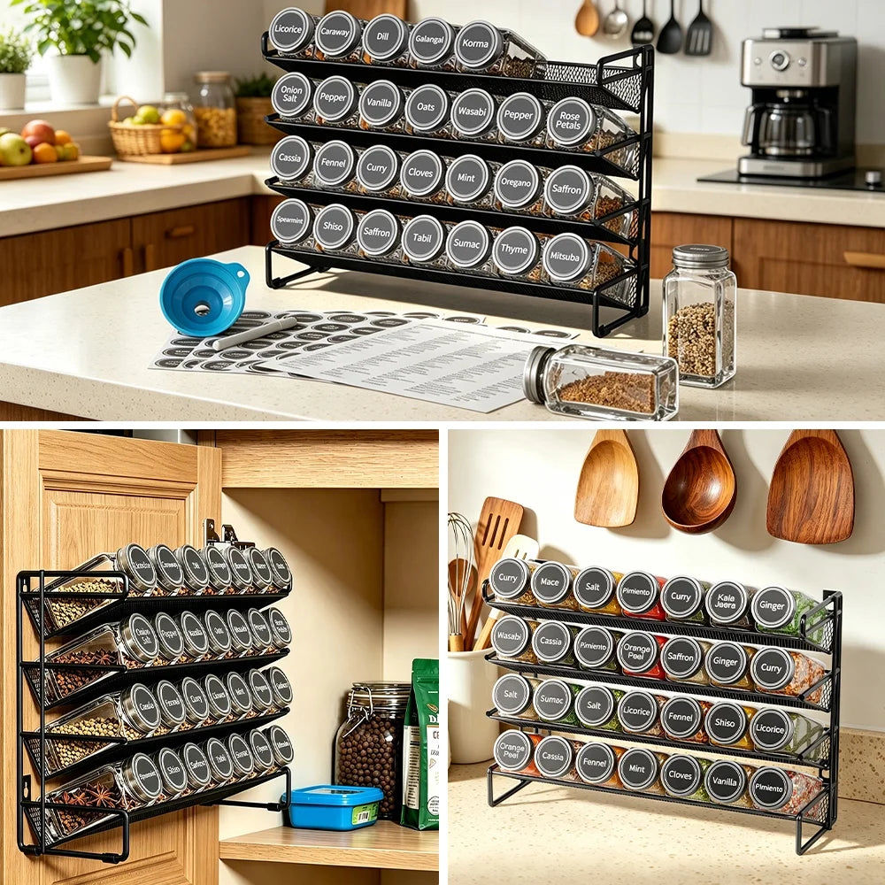 Spice Rack Organizer with 28 Jars, Black, Countertop or Wall Mount, for Pantry Organization, Meal Prep and Dry Food Storage