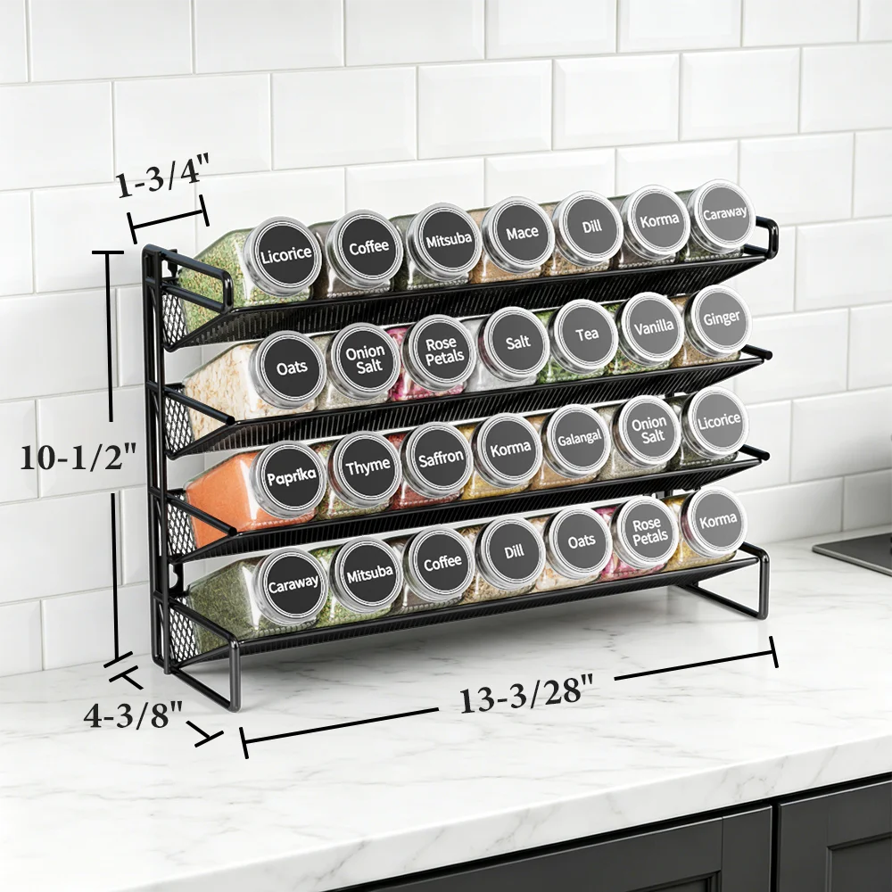 Spice Rack Organizer with 28 Jars, Black, Countertop or Wall Mount, for Pantry Organization, Meal Prep and Dry Food Storage