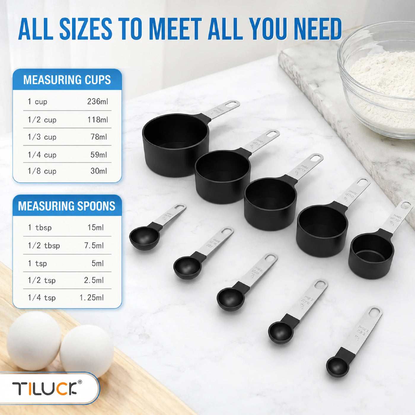 Measuring Cups Spoons Set Stainless Steel 10-Piece Black Nesting Stackable Food Grade Cooking Baking