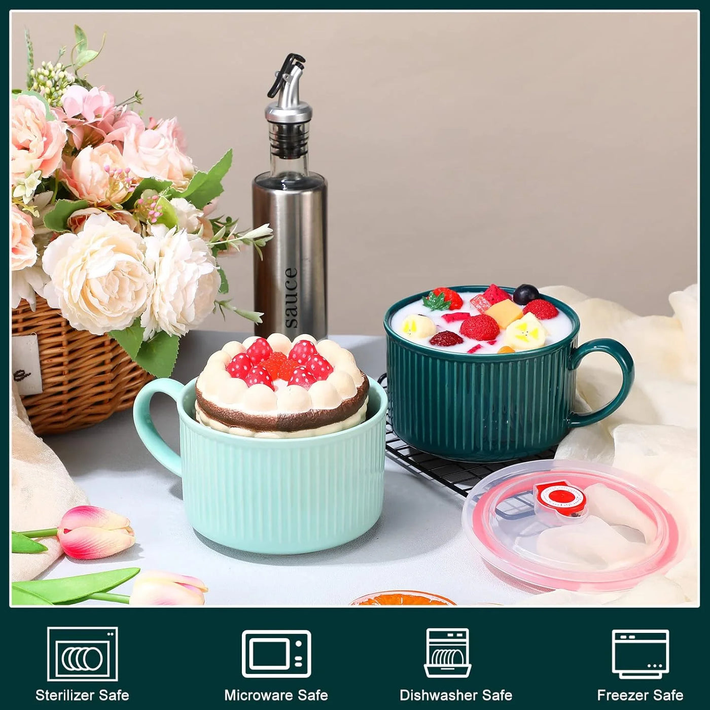 2-Piece Soup Bowls with Lids and Handles 30 Oz Microwave Safe Ceramic Soup Mug Microwavable Ramen Containers with Lids Large Colorful Cups for Noodle