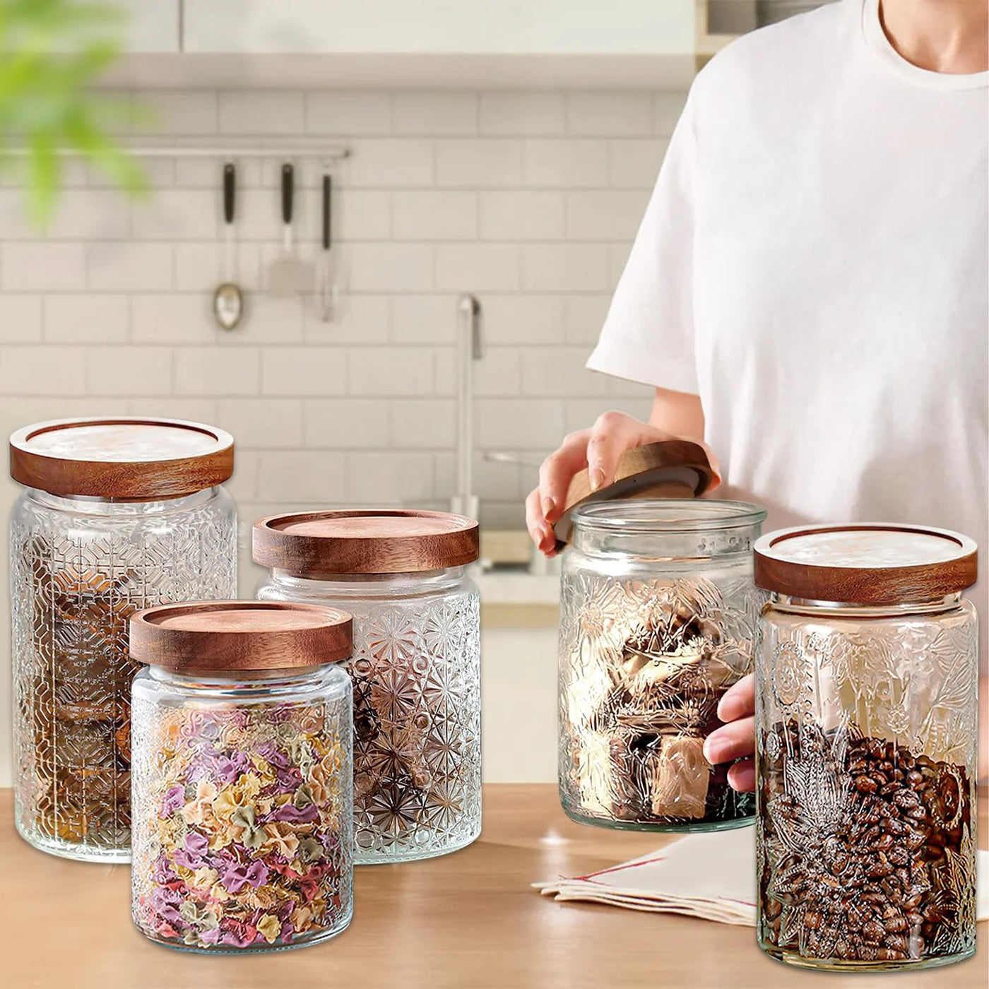 Glass Jars with Wooden Lids, 6-Pack 24 Oz Airtight Glass Food Storage Containers Sets for The Kitchen, Sugar Coffee Candy Spice Cookie Tea Pasta