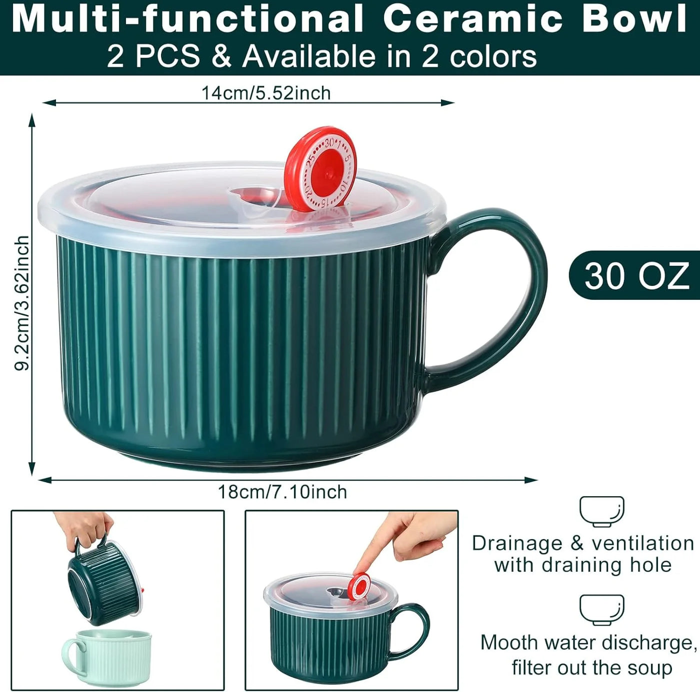 2-Piece Soup Bowls with Lids and Handles 30 Oz Microwave Safe Ceramic Soup Mug Microwavable Ramen Containers with Lids Large Colorful Cups for Noodle