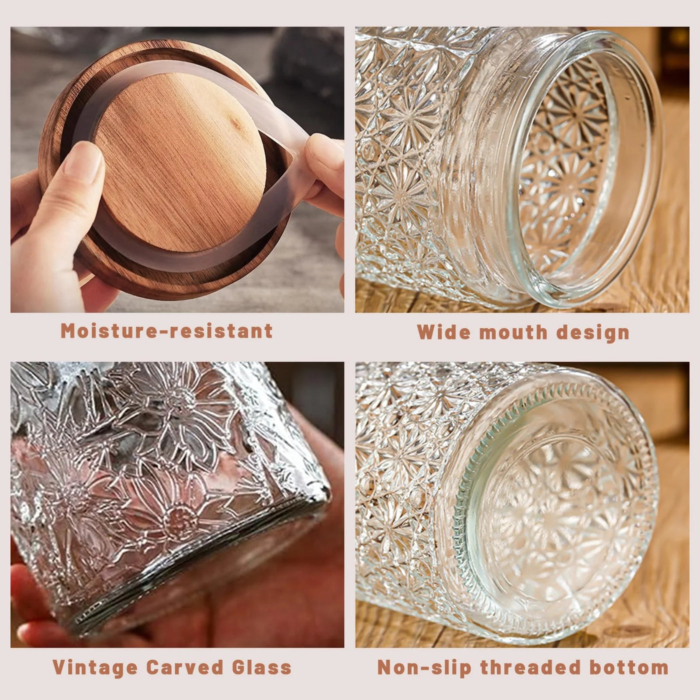 Glass Jars with Wooden Lids, 6-Pack 24 Oz Airtight Glass Food Storage Containers Sets for The Kitchen, Sugar Coffee Candy Spice Cookie Tea Pasta