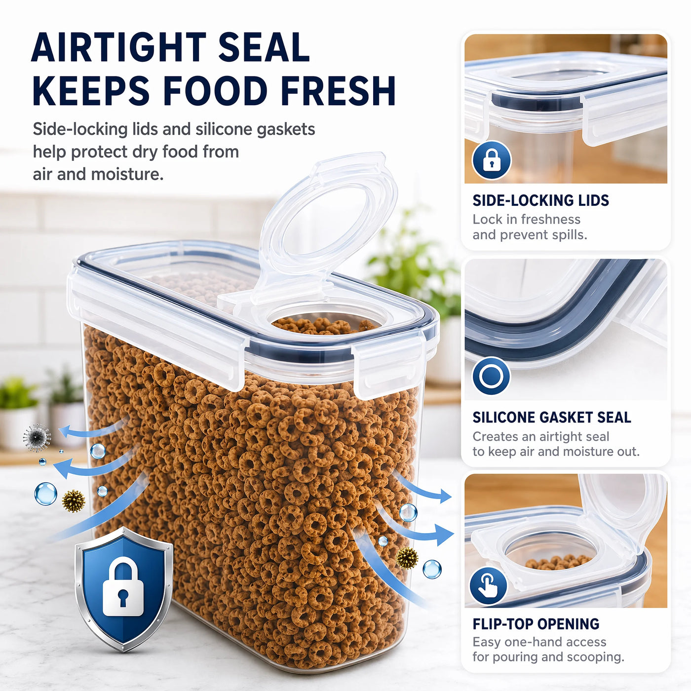Airtight Food Storage Containers with Lids, 4-Piece BPA-FREE Plastic Meal Prep Containers and Kitchen Pantry Organization Canisters for Cereal