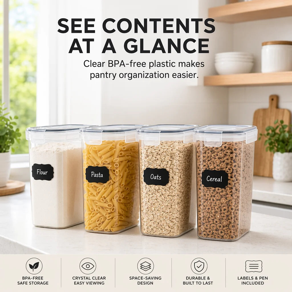 Airtight Food Storage Containers with Lids, 4-Piece BPA-FREE Plastic Meal Prep Containers and Kitchen Pantry Organization Canisters for Cereal