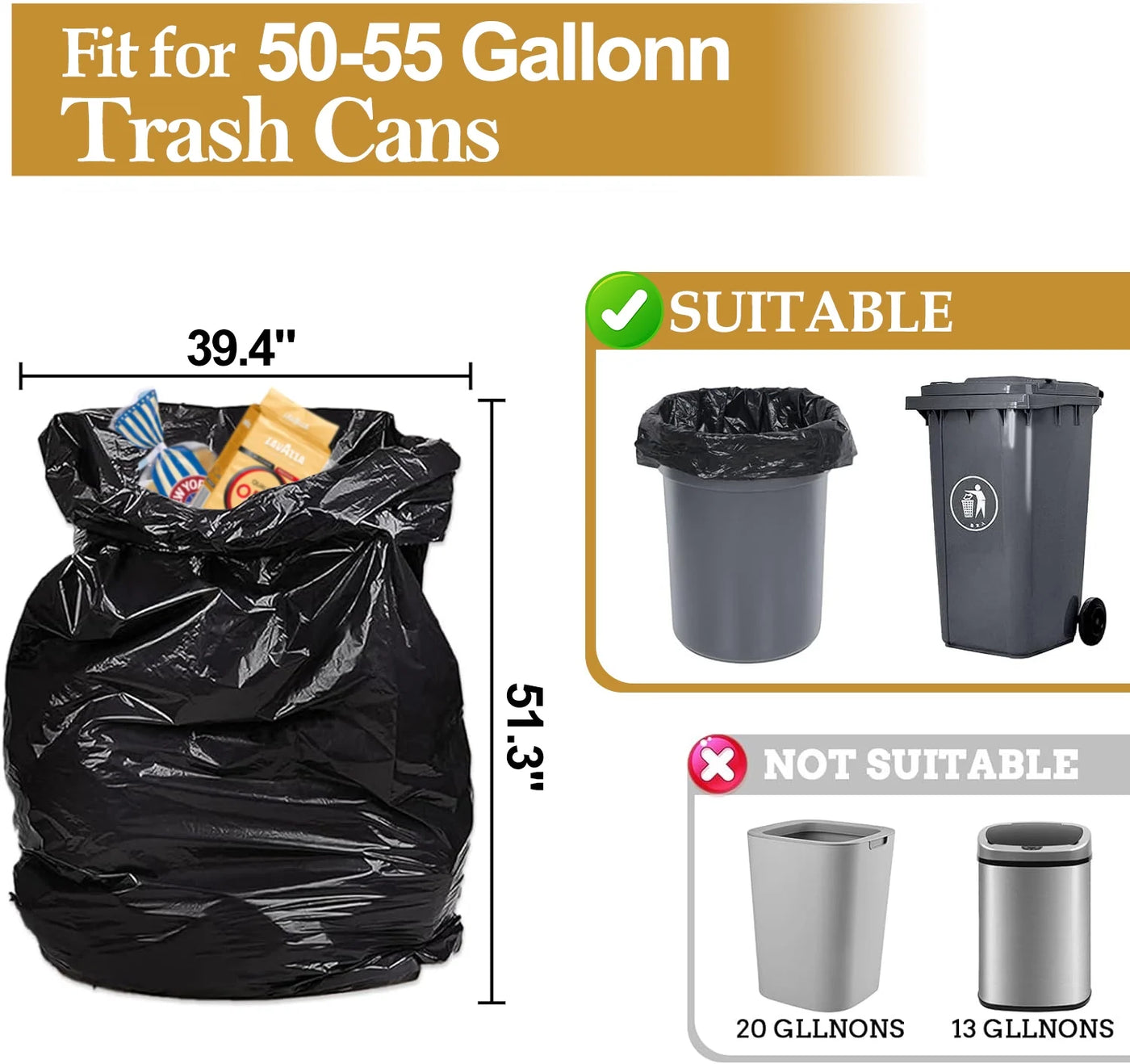 (3-pack) 55 Gallon Trash Bags (50 Count)1.5 Mil, Heavy Duty Outdoor Garbage Bags for Office, Waste, and Storage Use