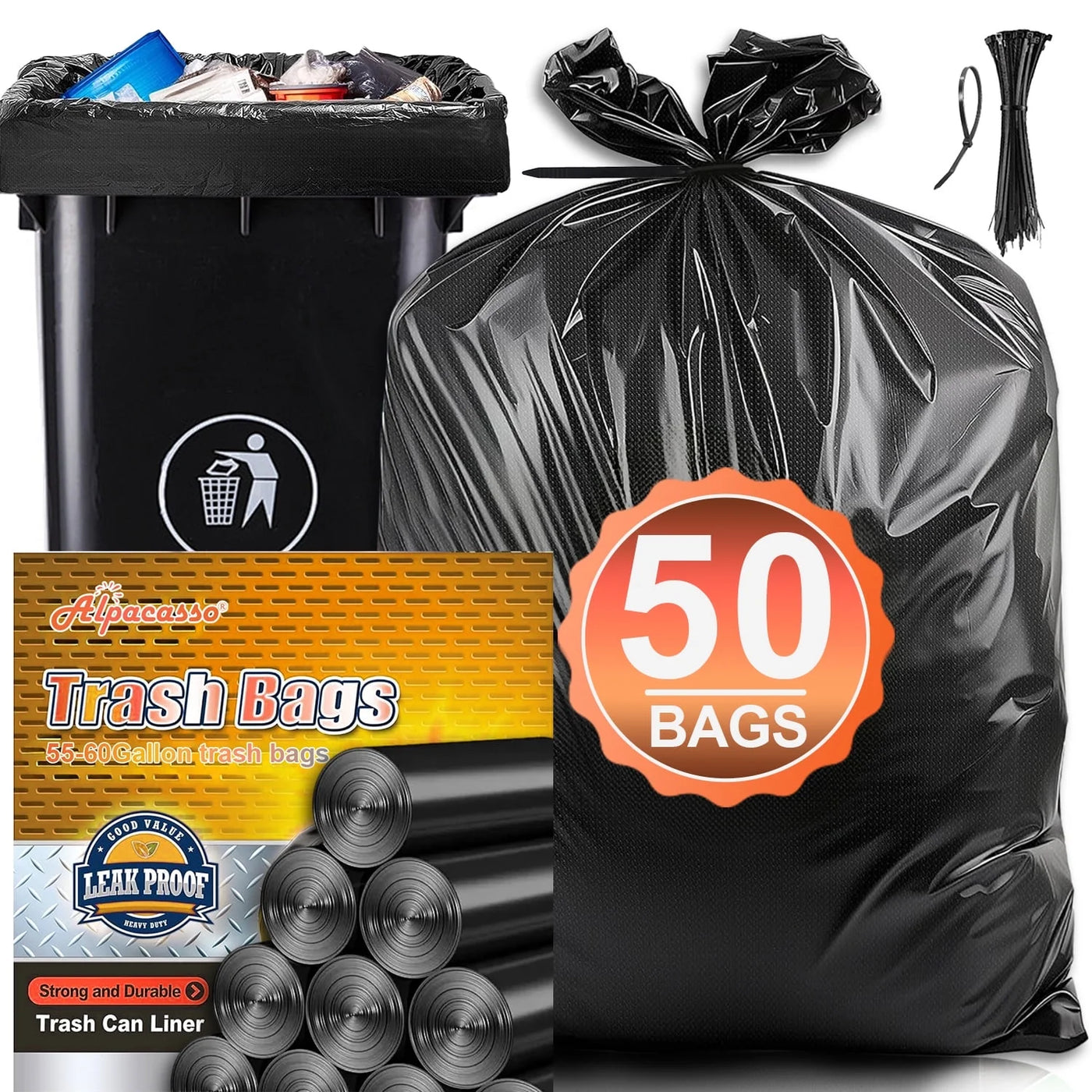 (3-pack) 55 Gallon Trash Bags (50 Count)1.5 Mil, Heavy Duty Outdoor Garbage Bags for Office, Waste, and Storage Use