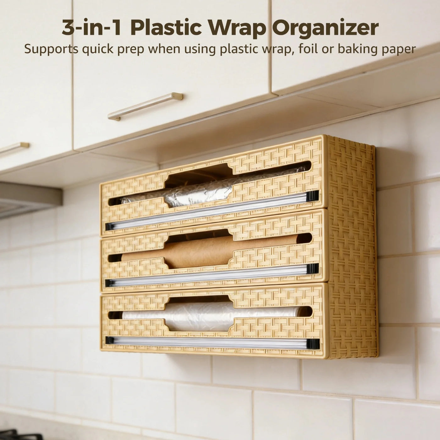 3-in-1 Plastic Wrap Organizer, Wrap Dispenser with Bi-directional Cutter for Aluminum Foil Baking Paper Wax Paper
