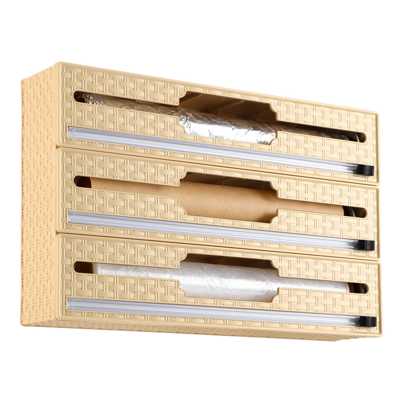 3-in-1 Plastic Wrap Organizer, Wrap Dispenser with Bi-directional Cutter for Aluminum Foil Baking Paper Wax Paper