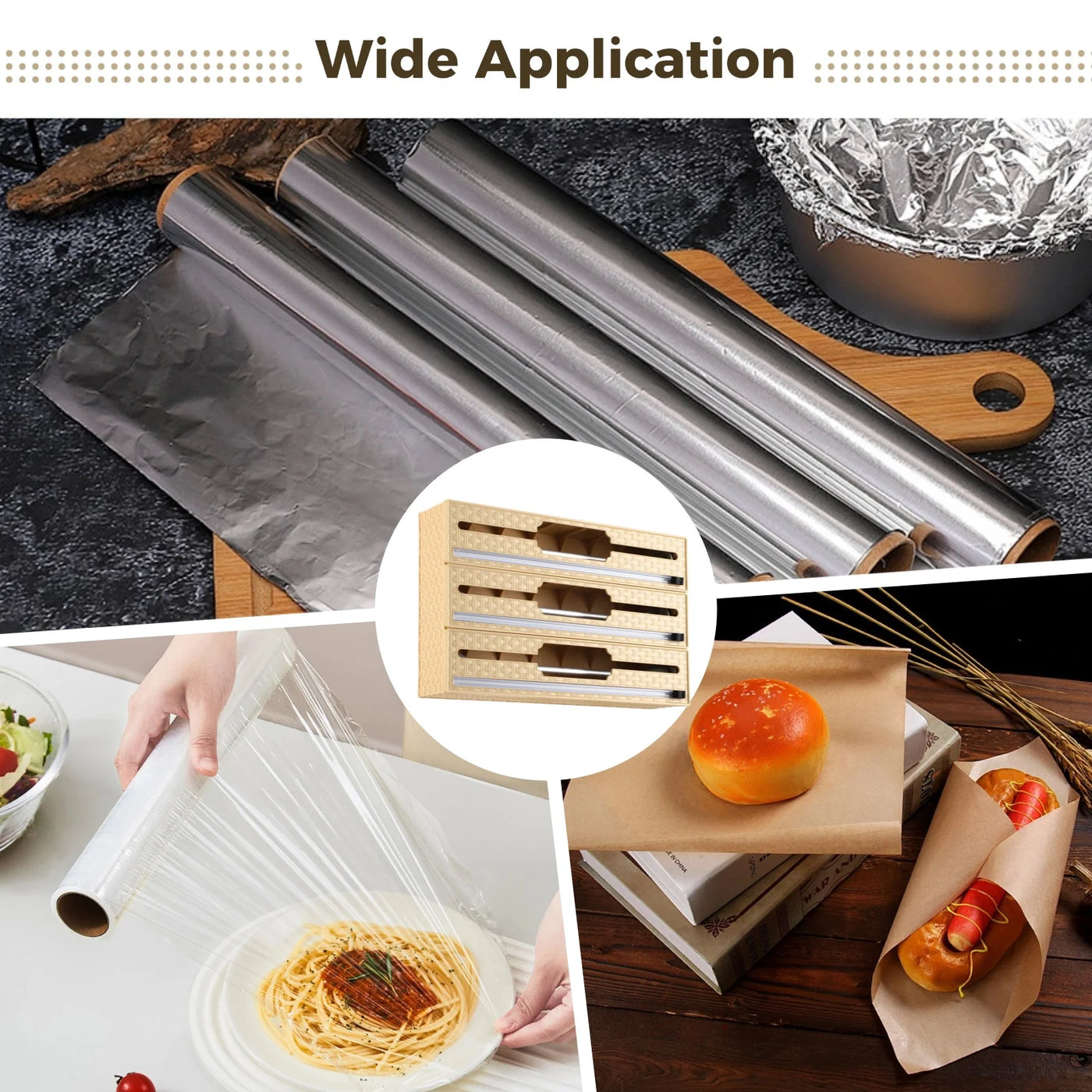 3-in-1 Plastic Wrap Organizer, Wrap Dispenser with Bi-directional Cutter for Aluminum Foil Baking Paper Wax Paper