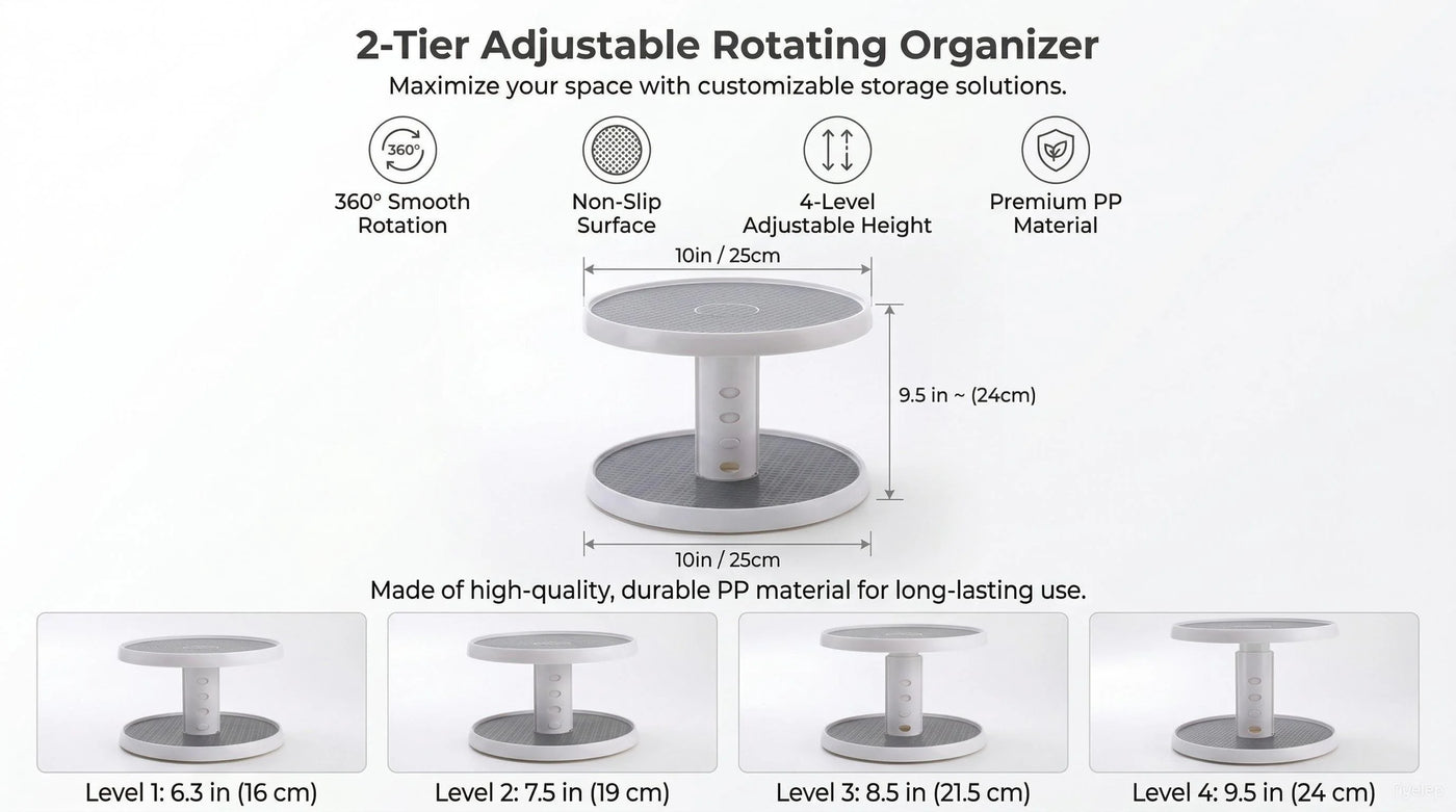 2 Tier Lazy Susan Turntable Organizer 10'' Rotating Spice Rack Organization for Cabinet, Kitchen, Pantry, Countertop, Bathroom, Vanity