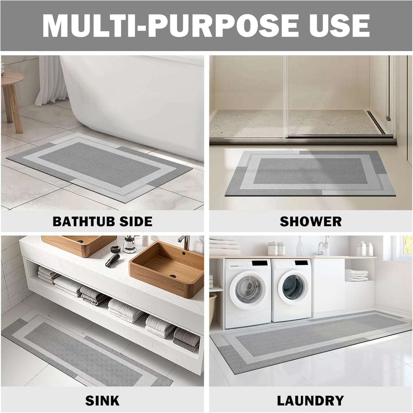 Non Slip Bath Mat Quick Dry Super Absorbent 16x24in Gray Bathroom Shower Kitchen Rug, for Everyday Home Kitchen Cooking, Storage and Organization