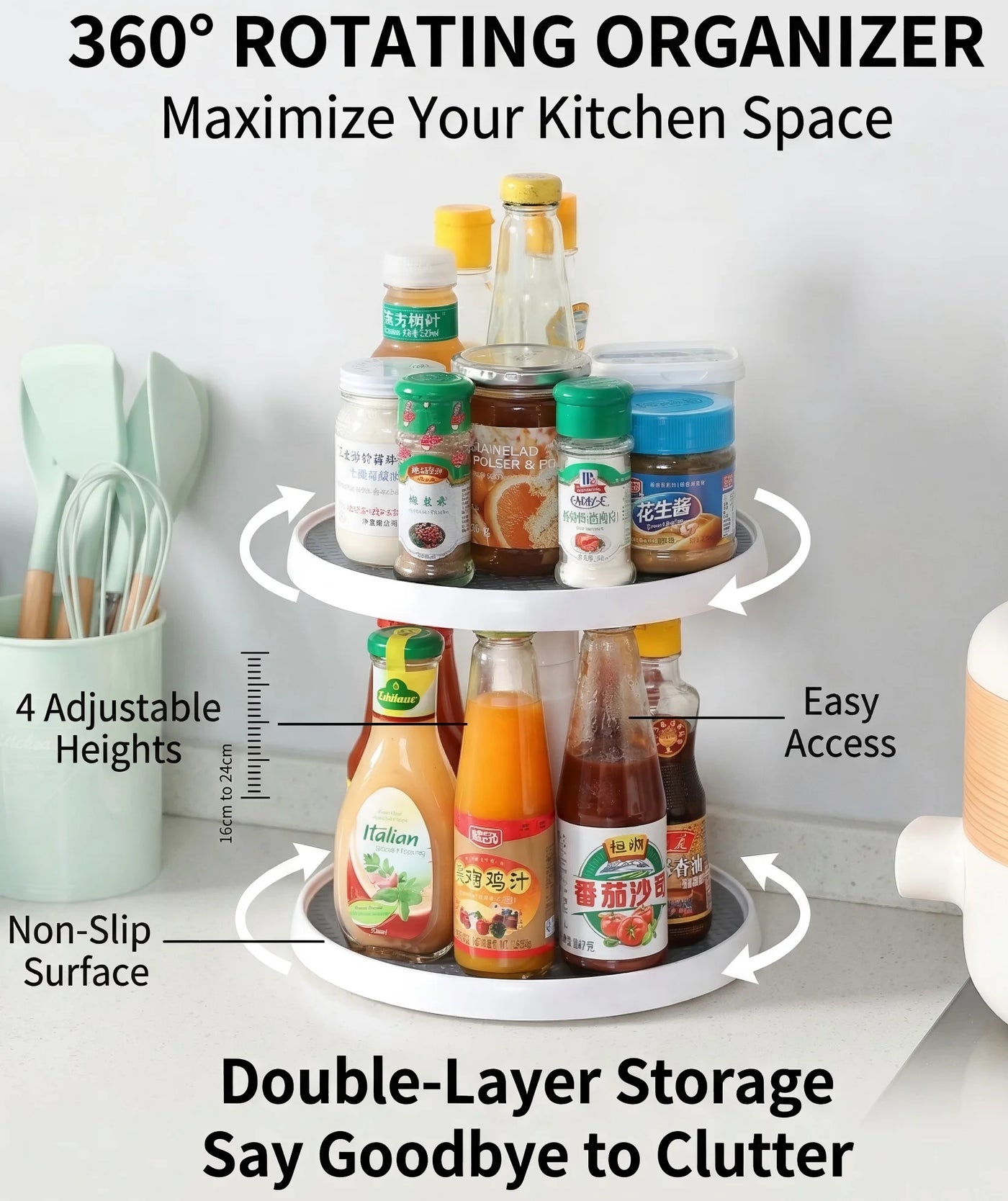 2 Tier Lazy Susan Turntable Organizer 10'' Rotating Spice Rack Organization for Cabinet, Kitchen, Pantry, Countertop, Bathroom, Vanity