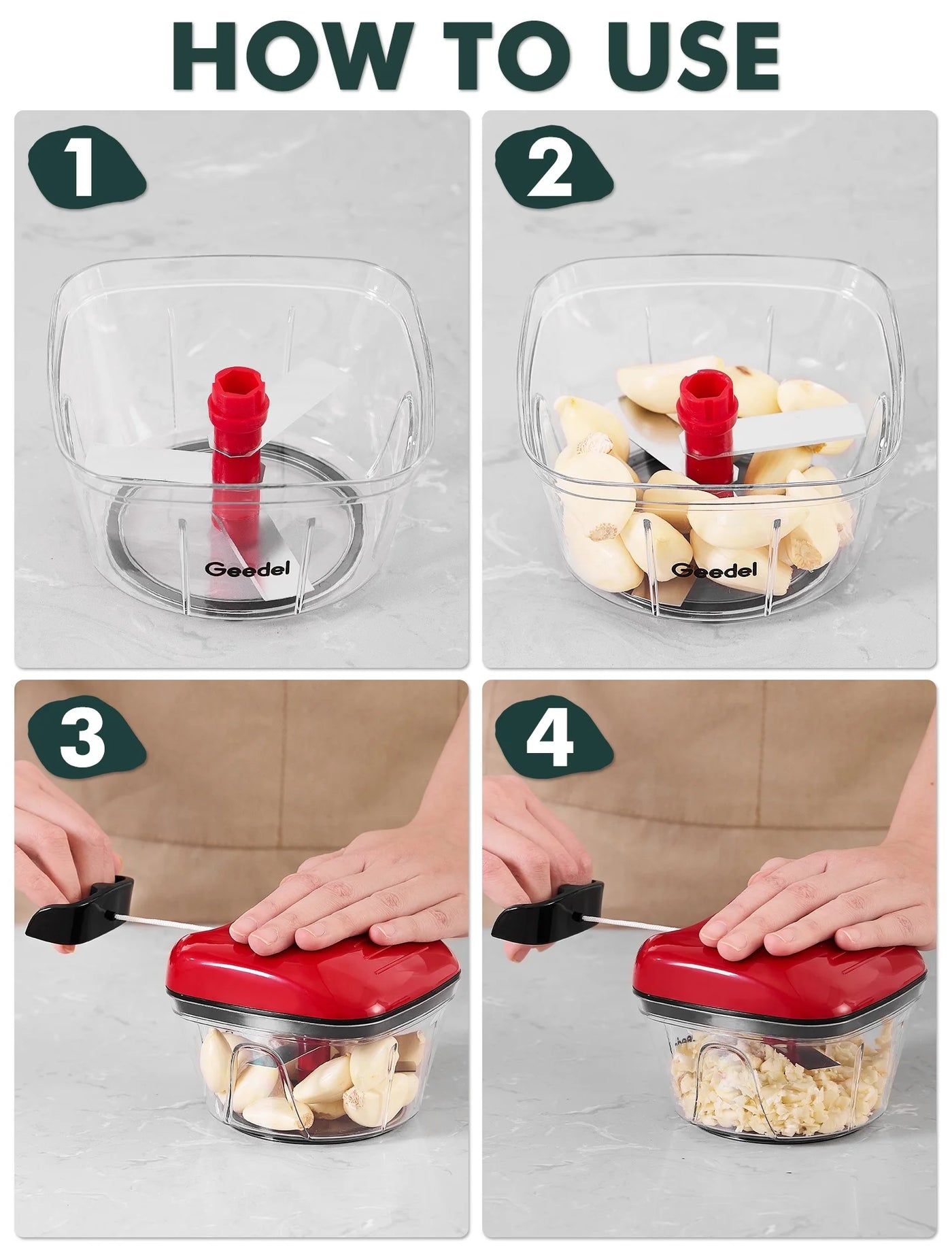 Manual Food Processor Vegetable Cutter, Geedel Pull Chopper with String, Food Chopper Vegetable Cutter for Veggies, Fruits, Salad, Onion, Nuts, Etc