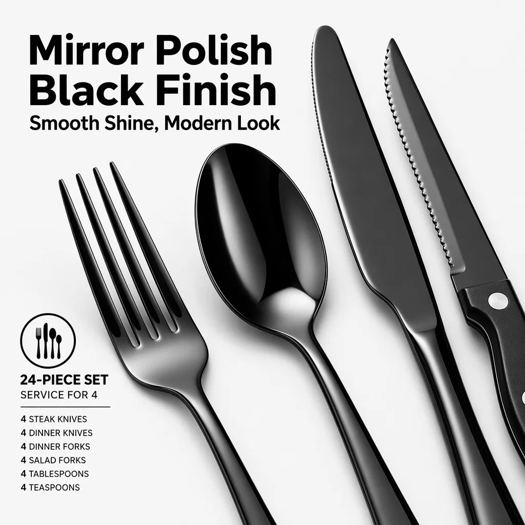 24-Piece Silverware Set, Mirror Polish Stainless Steel Flatware Set. Includes Steak Knives, Dishwasher Safe for Home and Restaurant, Gifts, Black.