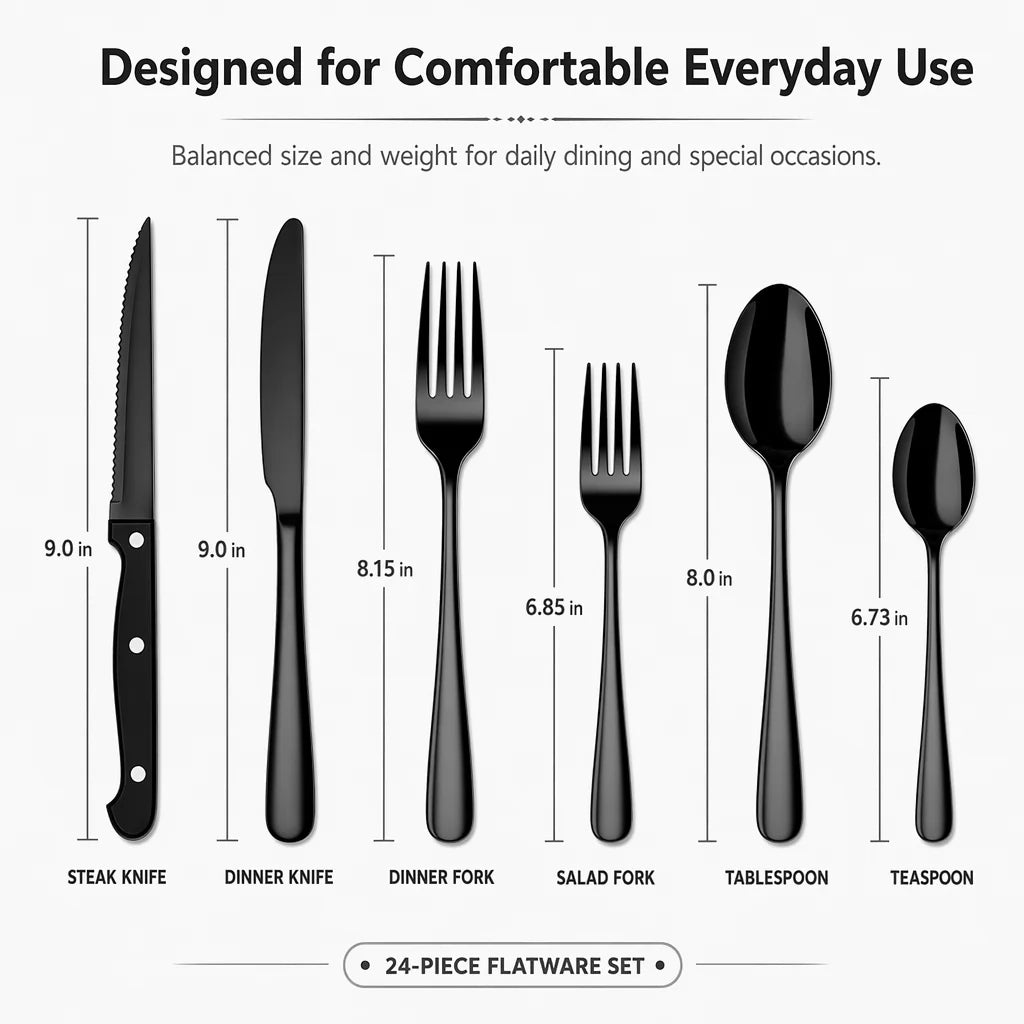 24-Piece Silverware Set, Mirror Polish Stainless Steel Flatware Set. Includes Steak Knives, Dishwasher Safe for Home and Restaurant, Gifts, Black.
