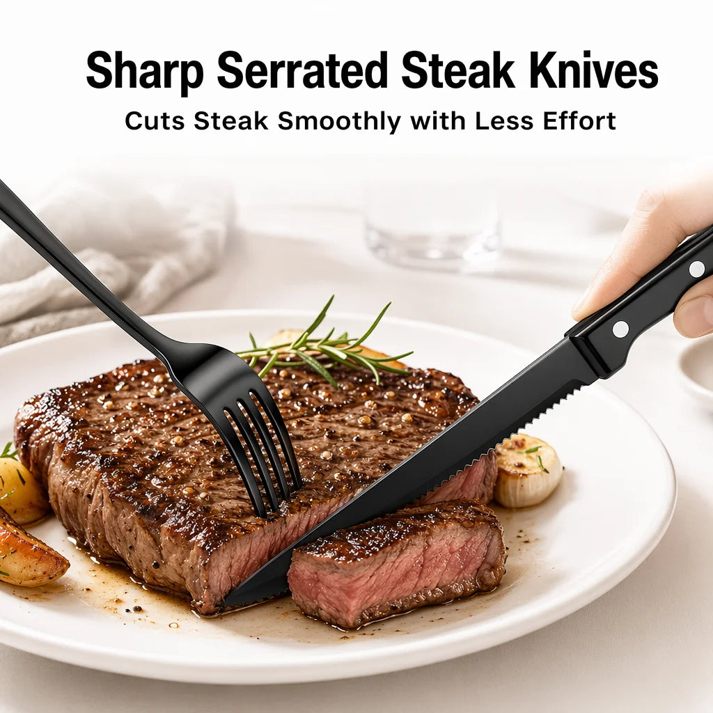 24-Piece Silverware Set, Mirror Polish Stainless Steel Flatware Set. Includes Steak Knives, Dishwasher Safe for Home and Restaurant, Gifts, Black.