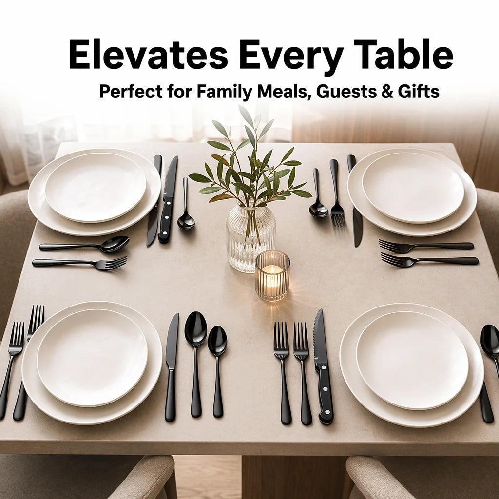 24-Piece Silverware Set, Mirror Polish Stainless Steel Flatware Set. Includes Steak Knives, Dishwasher Safe for Home and Restaurant, Gifts, Black.