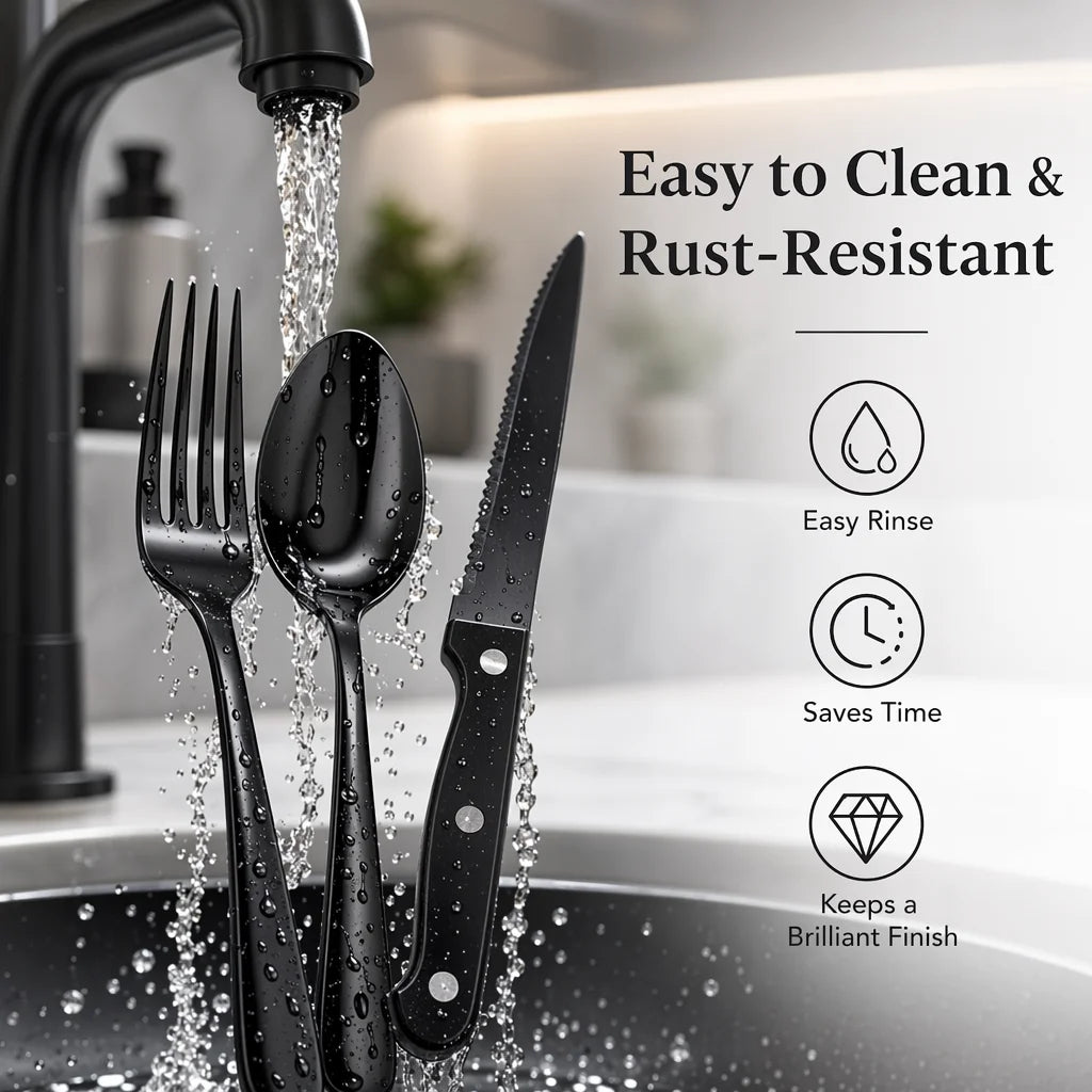 24-Piece Silverware Set, Mirror Polish Stainless Steel Flatware Set. Includes Steak Knives, Dishwasher Safe for Home and Restaurant, Gifts, Black.