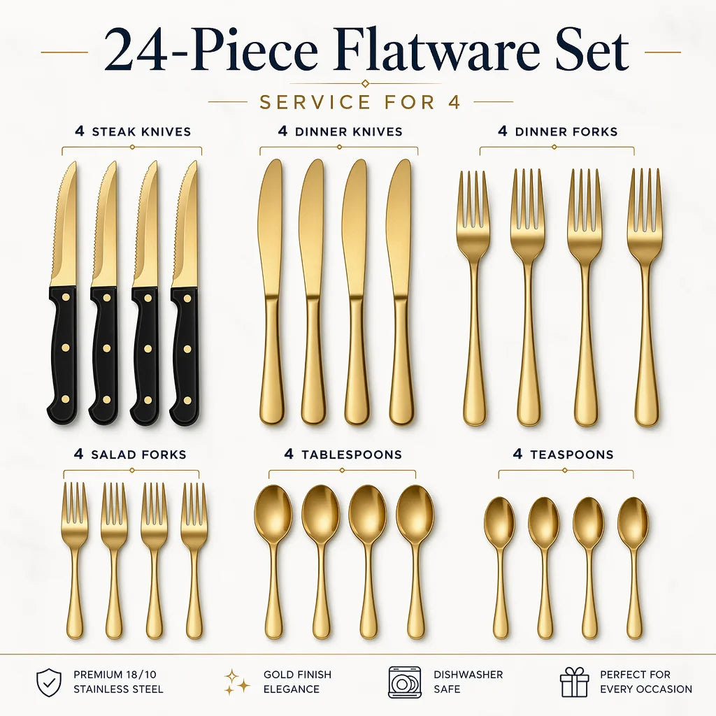 24-Piece Silverware Set, Mirror Polish Stainless Steel Flatware Set. Includes Steak Knives, Dishwasher Safe for Home and Restaurant, Gifts, Gold.