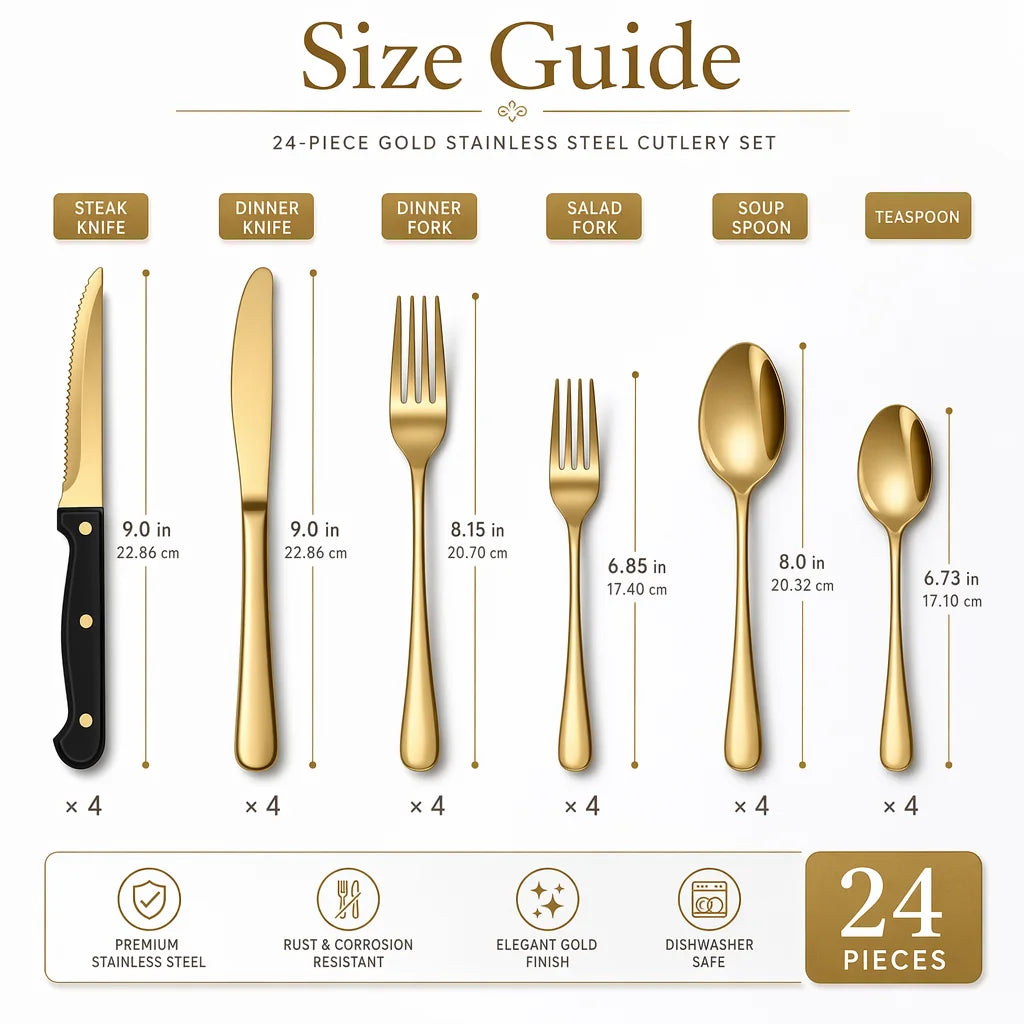 24-Piece Silverware Set, Mirror Polish Stainless Steel Flatware Set. Includes Steak Knives, Dishwasher Safe for Home and Restaurant, Gifts, Gold.