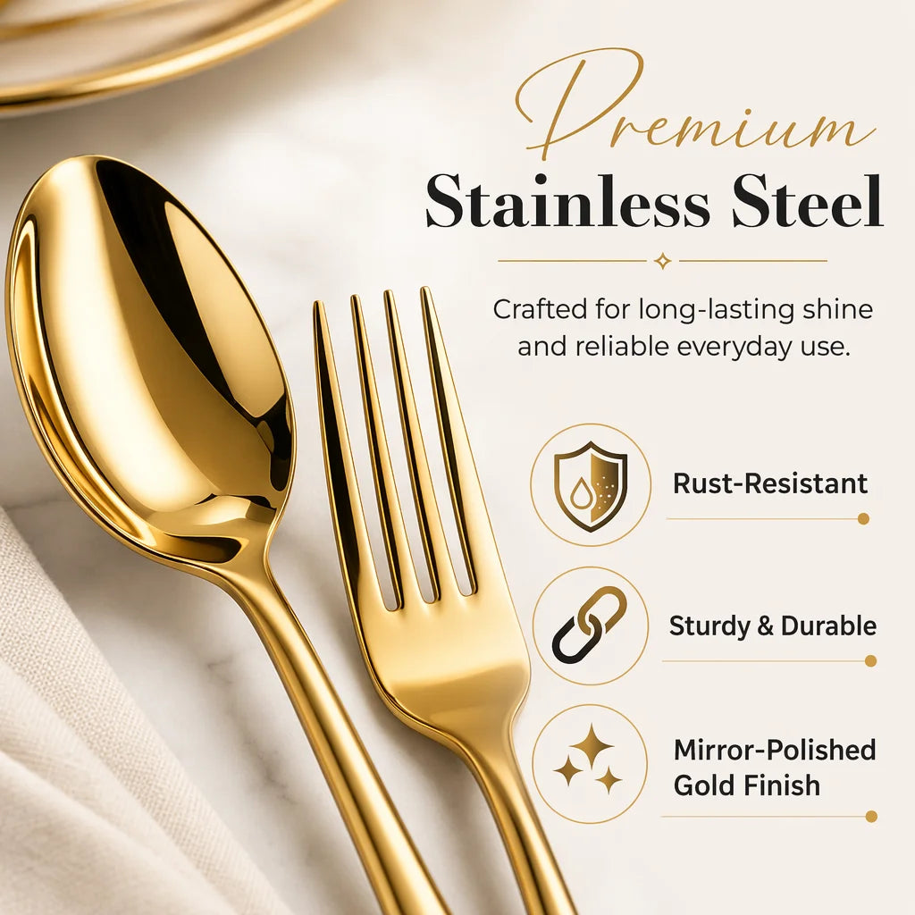 24-Piece Silverware Set, Mirror Polish Stainless Steel Flatware Set. Includes Steak Knives, Dishwasher Safe for Home and Restaurant, Gifts, Gold.