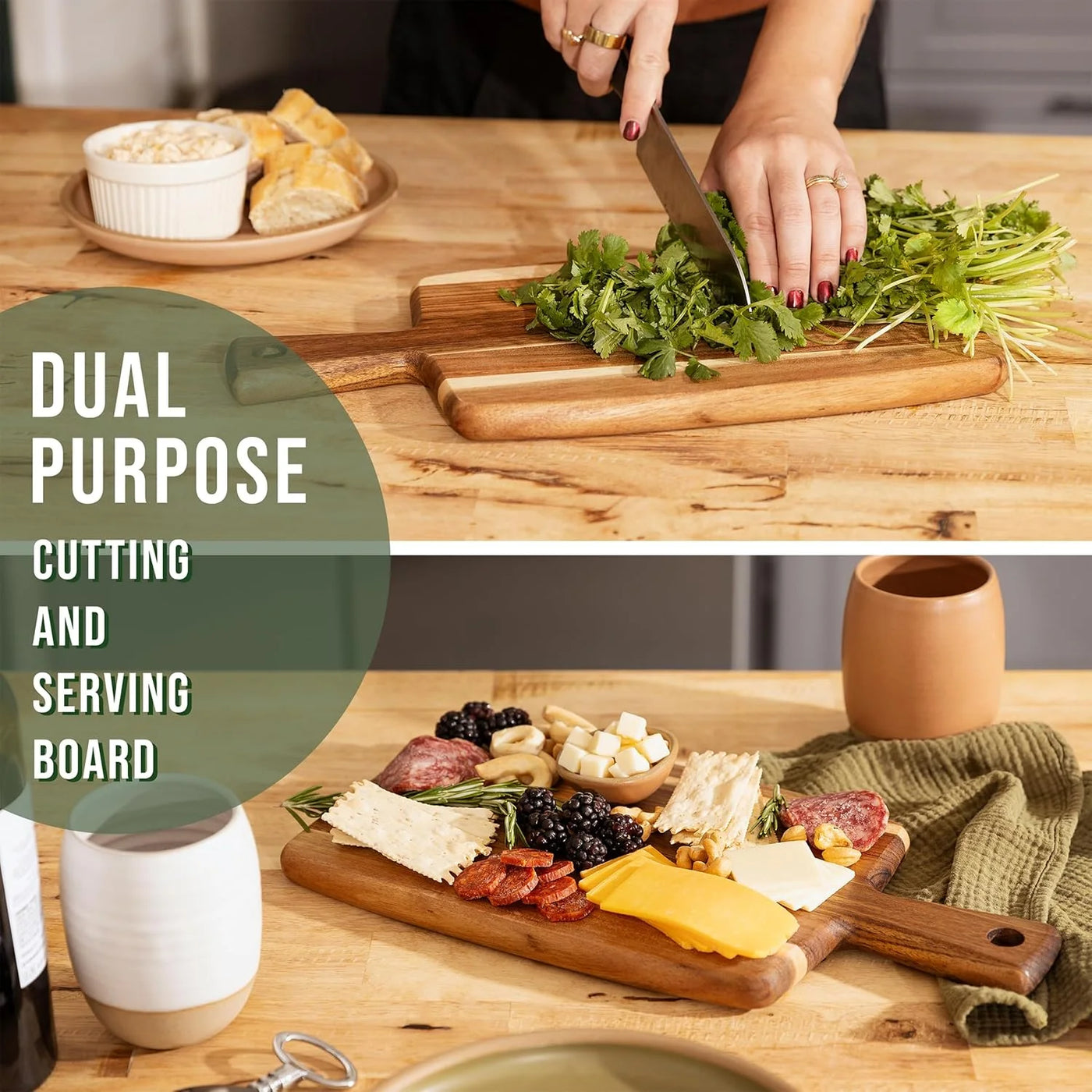 Wooden Cutting Boards for Kitchen, Charcuterie Boards Decorative, Acacia Cutting Boards with Handle, Serving Tray for Cheese Meat Fruit Pizza Bread