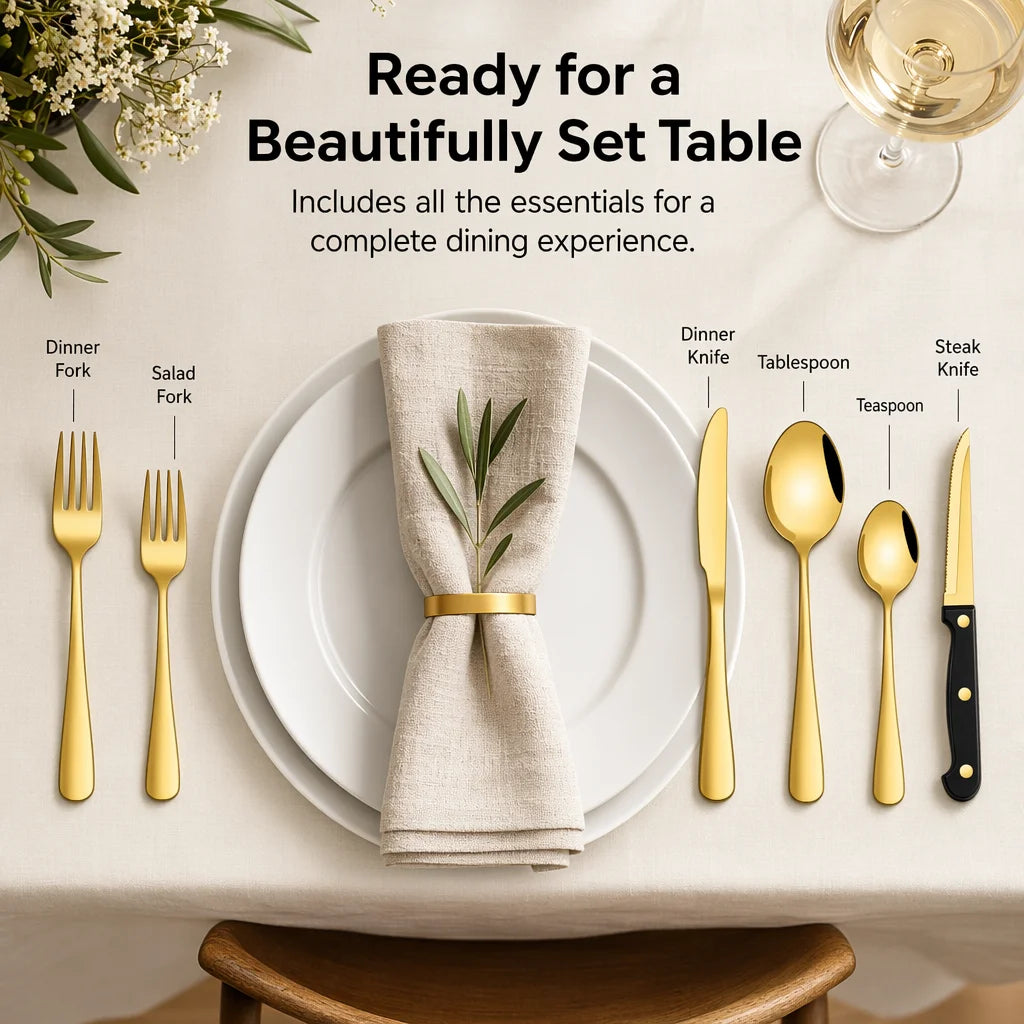 24-Piece Silverware Set, Mirror Polish Stainless Steel Flatware Set. Includes Steak Knives, Dishwasher Safe for Home and Restaurant, Gifts, Gold.
