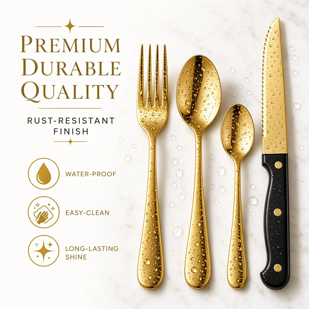24-Piece Silverware Set, Mirror Polish Stainless Steel Flatware Set. Includes Steak Knives, Dishwasher Safe for Home and Restaurant, Gifts, Gold.