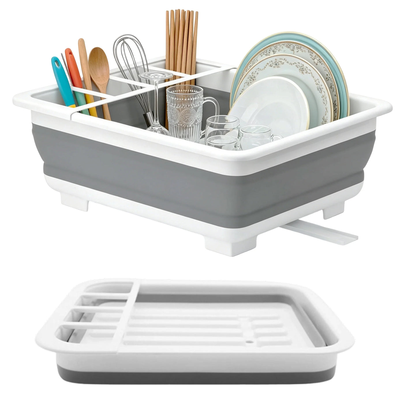 Dish Drying Rack, Portable 4-Compartment Dish Drainer with Drainboard, Utensil and Plate Organizer, Space-saving Kitchen Storage Tray for Counter, RV