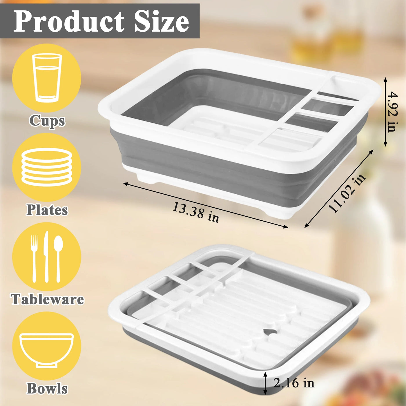 Dish Drying Rack, Portable 4-Compartment Dish Drainer with Drainboard, Utensil and Plate Organizer, Space-saving Kitchen Storage Tray for Counter, RV