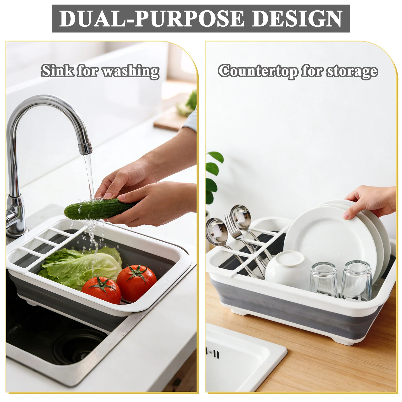 Dish Drying Rack, Portable 4-Compartment Dish Drainer with Drainboard, Utensil and Plate Organizer, Space-saving Kitchen Storage Tray for Counter, RV
