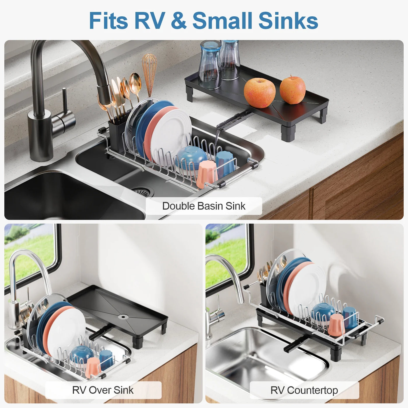Small Dish Drying Rack for Counter or Over Sink, Stainless Steel Expandable Dish Drainer with Drain Board and 360° Swivel Drain Spout for Rv, Camper