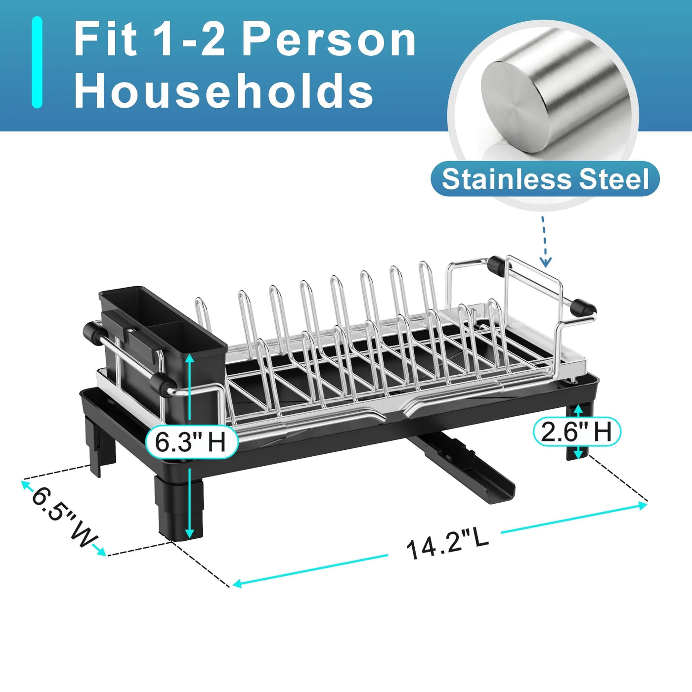 Small Dish Drying Rack for Counter or Over Sink, Stainless Steel Expandable Dish Drainer with Drain Board and 360° Swivel Drain Spout for Rv, Camper