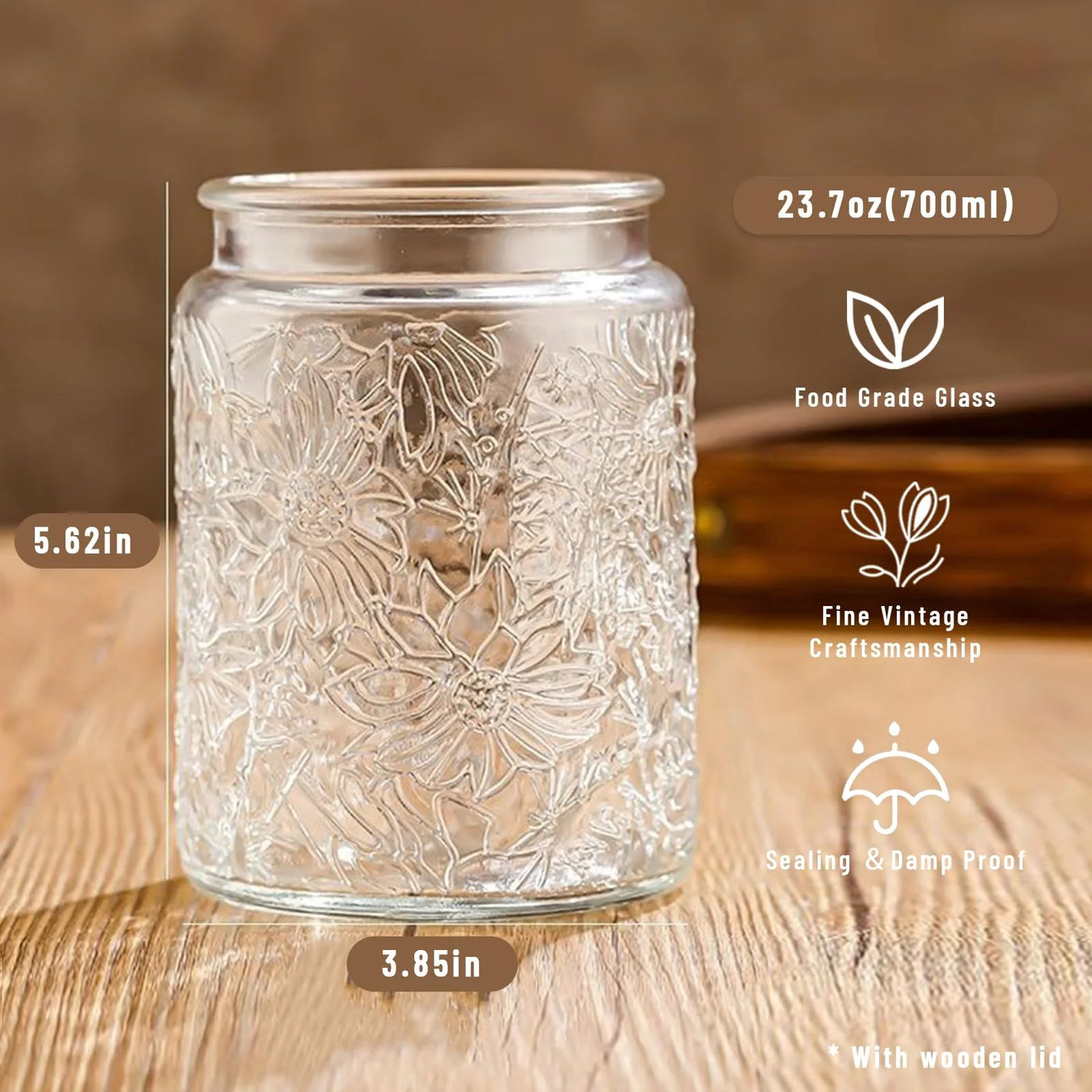 Glass Jars with Wooden Lids, 4-Pack 24 Oz Airtight Glass Food Storage Containers Sets for The Kitchen, Sugar Coffee Candy Spice Cookie Tea Pasta