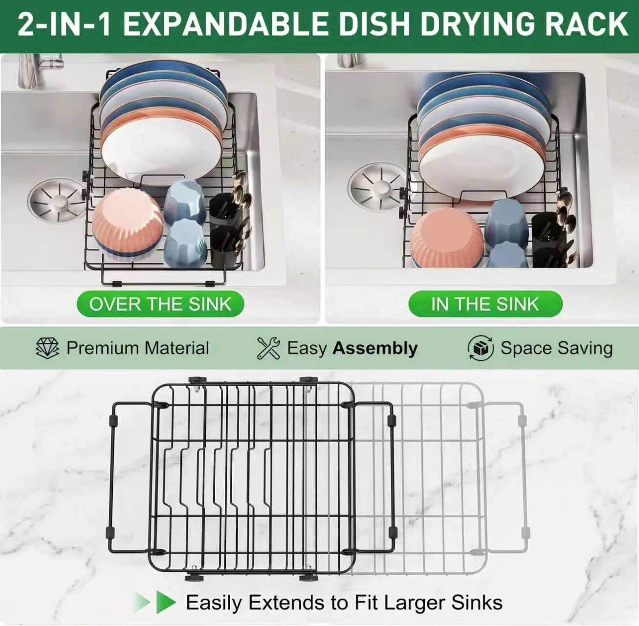 Dish Drying Rack in Sink, Expandable Stainless Steel Dish Rack Over The Sink, Kitchen Sink Drain Strainer with Cutlery Holder