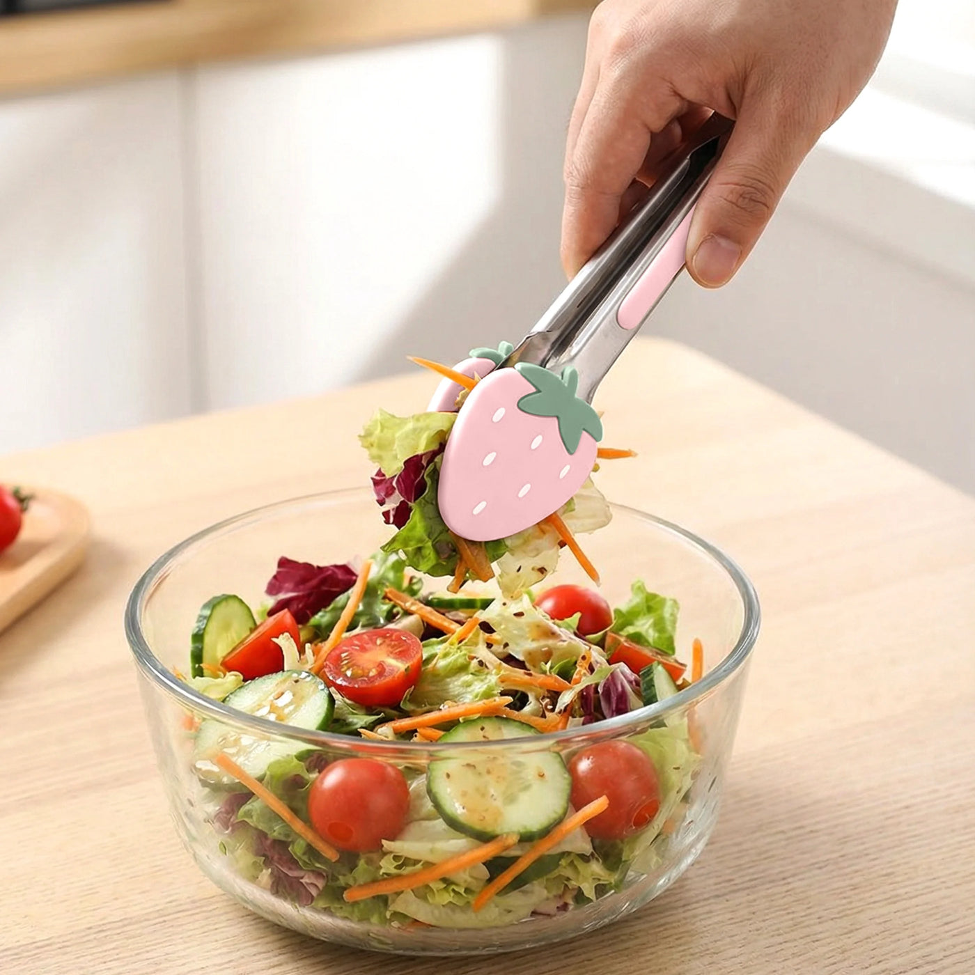 Cook with Color Mini Silicone Tongs, Stainless Steel Heat-resistant Food Tongs for Appetizers, Strawberry
