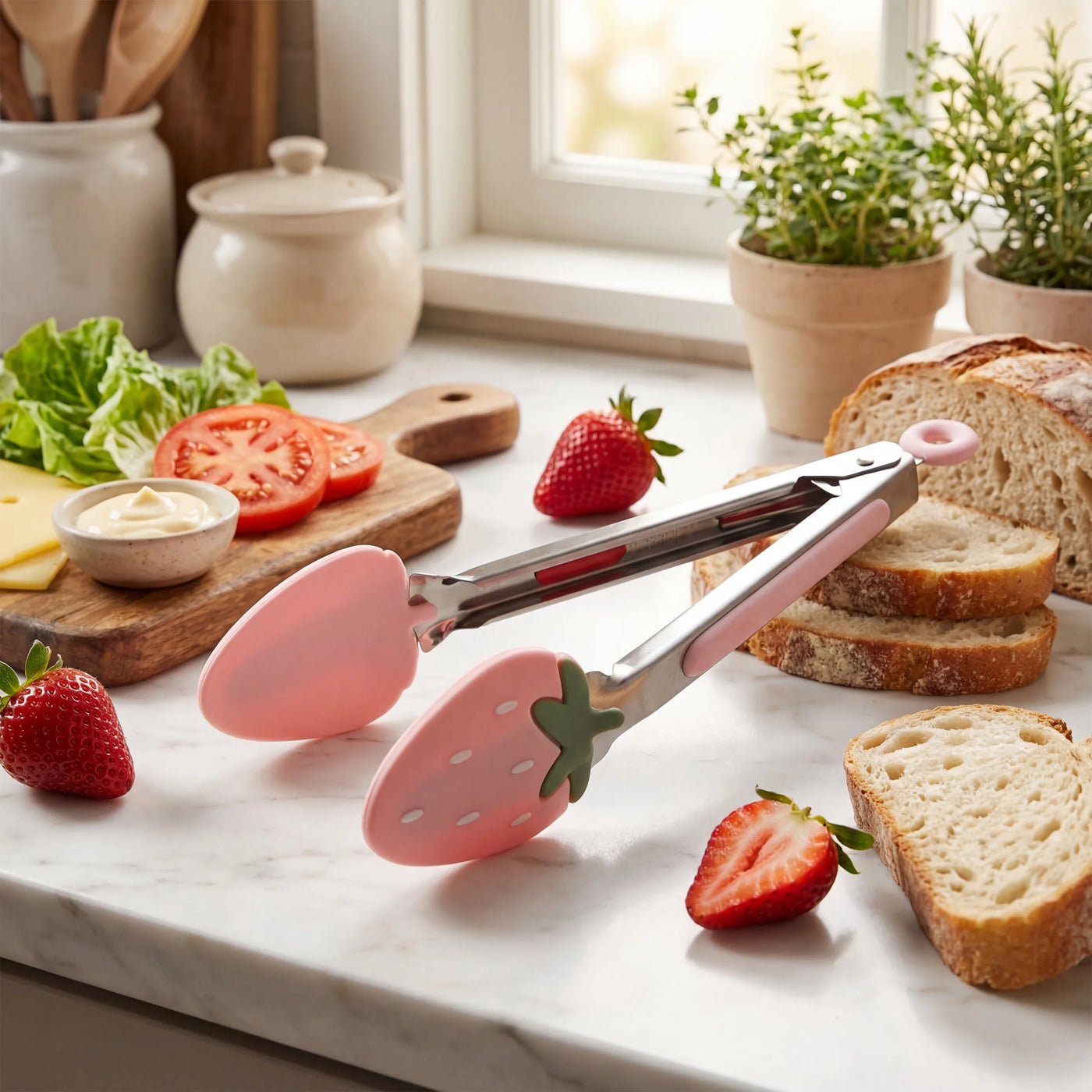 Cook with Color Mini Silicone Tongs, Stainless Steel Heat-resistant Food Tongs for Appetizers, Strawberry