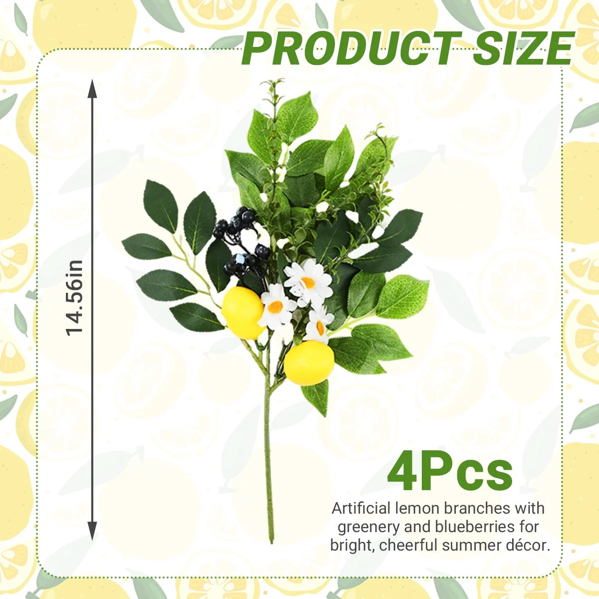 Artificial Lemon and Blueberry Picks with Eucalyptus Leaves 4-Pack 12" Summer Fruit Branch Decorations for Home, Kitchen, Vase, Table