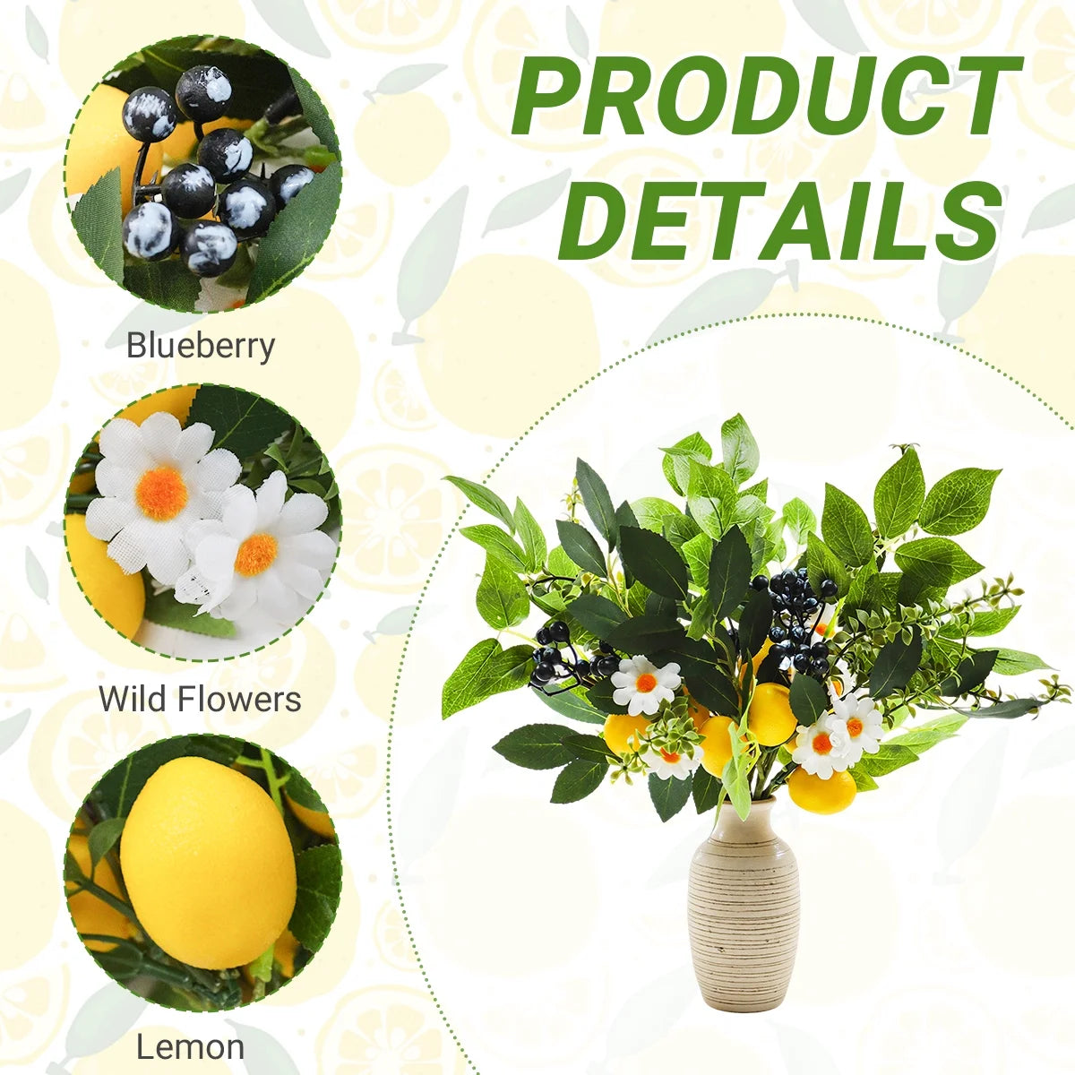 Artificial Lemon and Blueberry Picks with Eucalyptus Leaves 4-Pack 12" Summer Fruit Branch Decorations for Home, Kitchen, Vase, Table