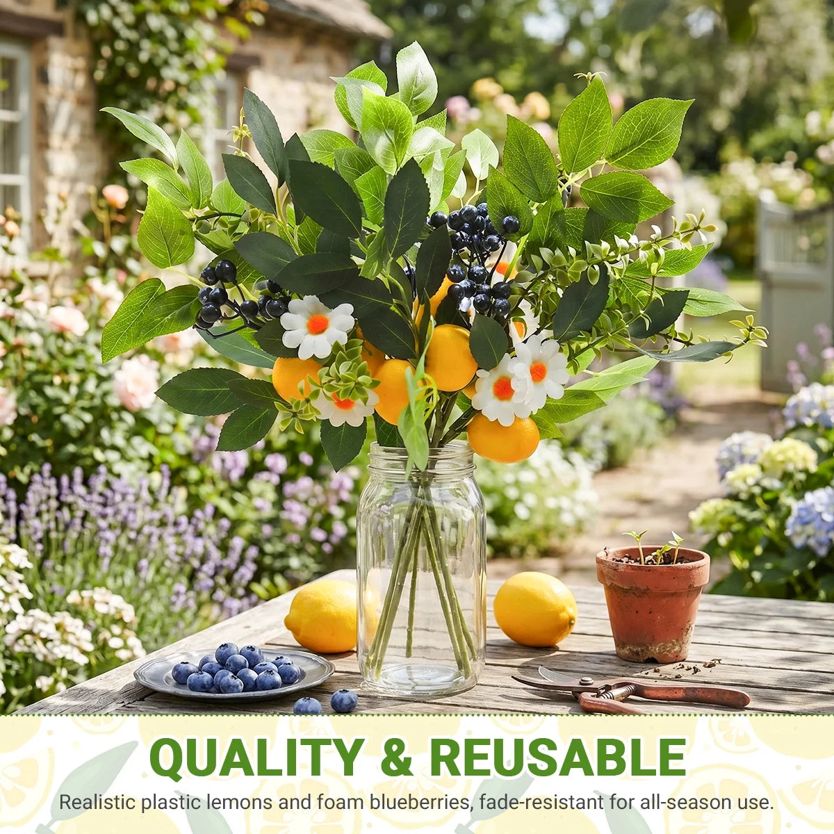 Artificial Lemon and Blueberry Picks with Eucalyptus Leaves 4-Pack 12" Summer Fruit Branch Decorations for Home, Kitchen, Vase, Table