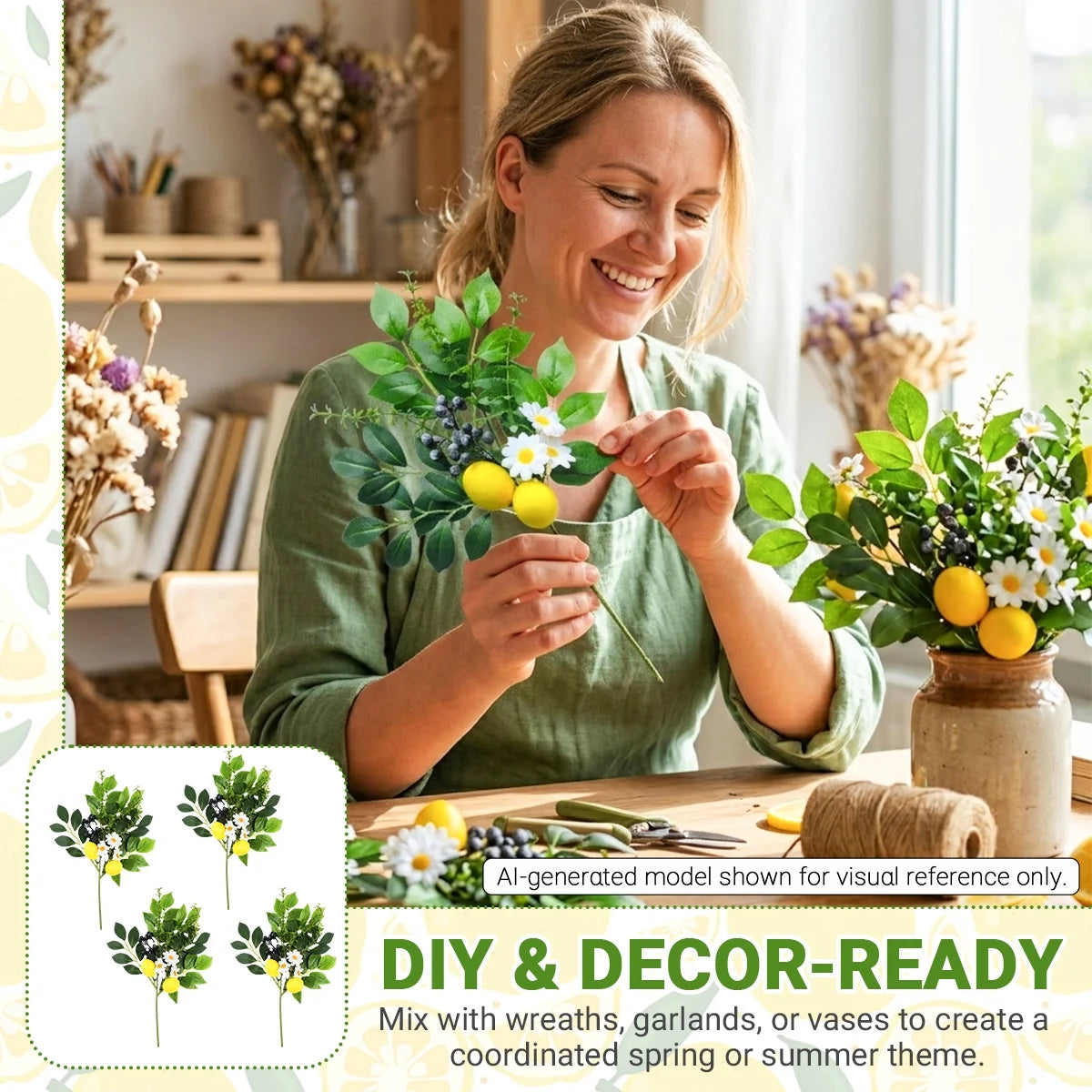 Artificial Lemon and Blueberry Picks with Eucalyptus Leaves 4-Pack 12" Summer Fruit Branch Decorations for Home, Kitchen, Vase, Table