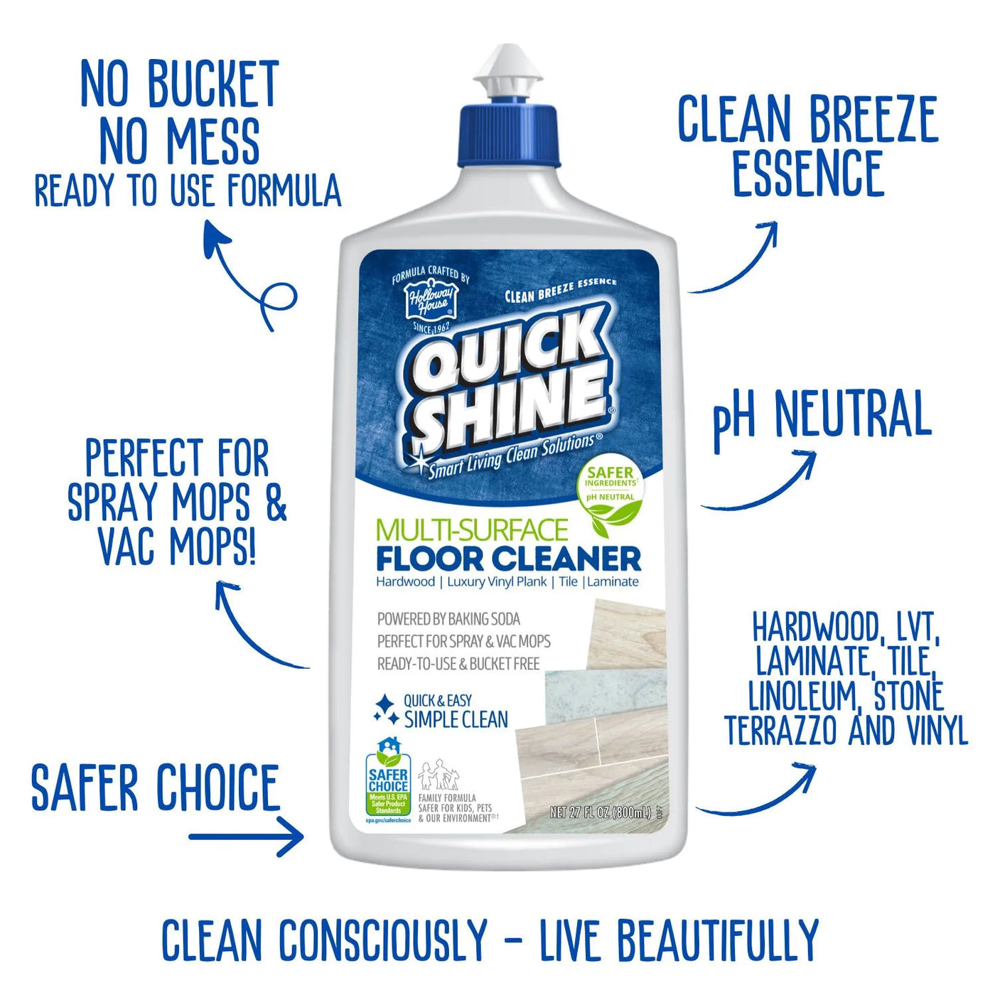 Multi-surface Floor Cleaner, Ready-to-use, Pfas-free and Safer Choice, Fresh Scent 54oz (2-27oz Bottles)